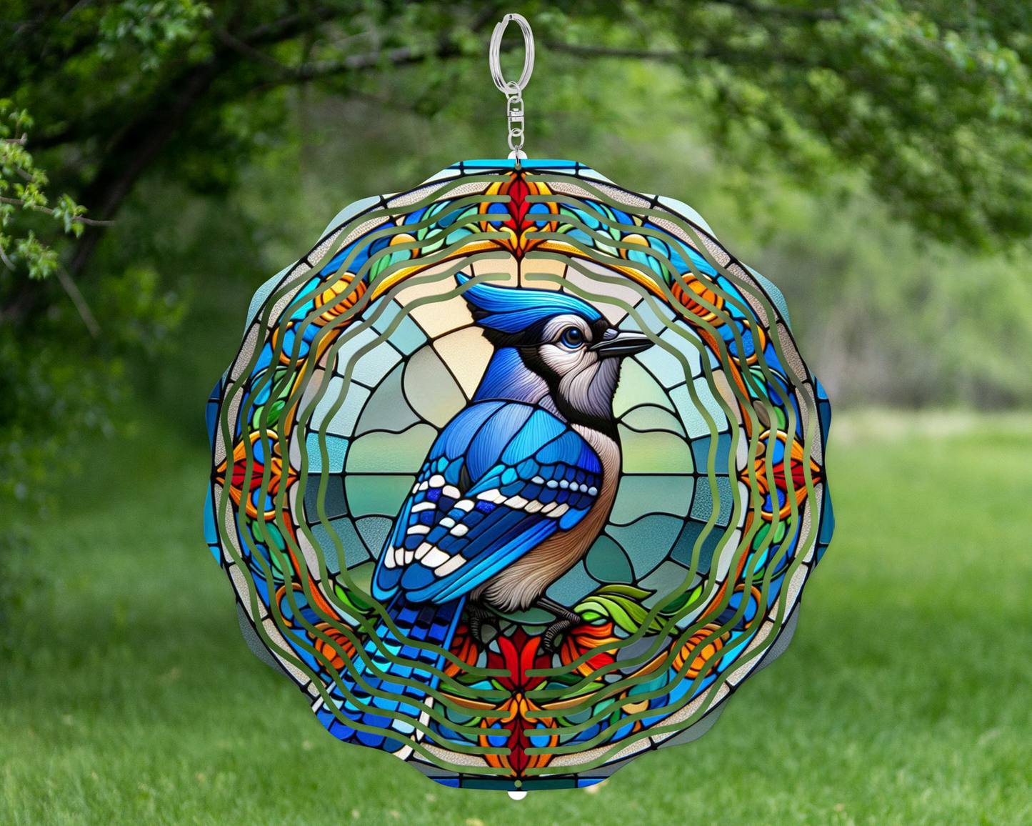 Bluejay Stained Glass Design Wind Spinner, Unique Gift for Mothers Day, Bluejay Decor, Hanging Wind Spinner, Porch Decor, Yard Decor