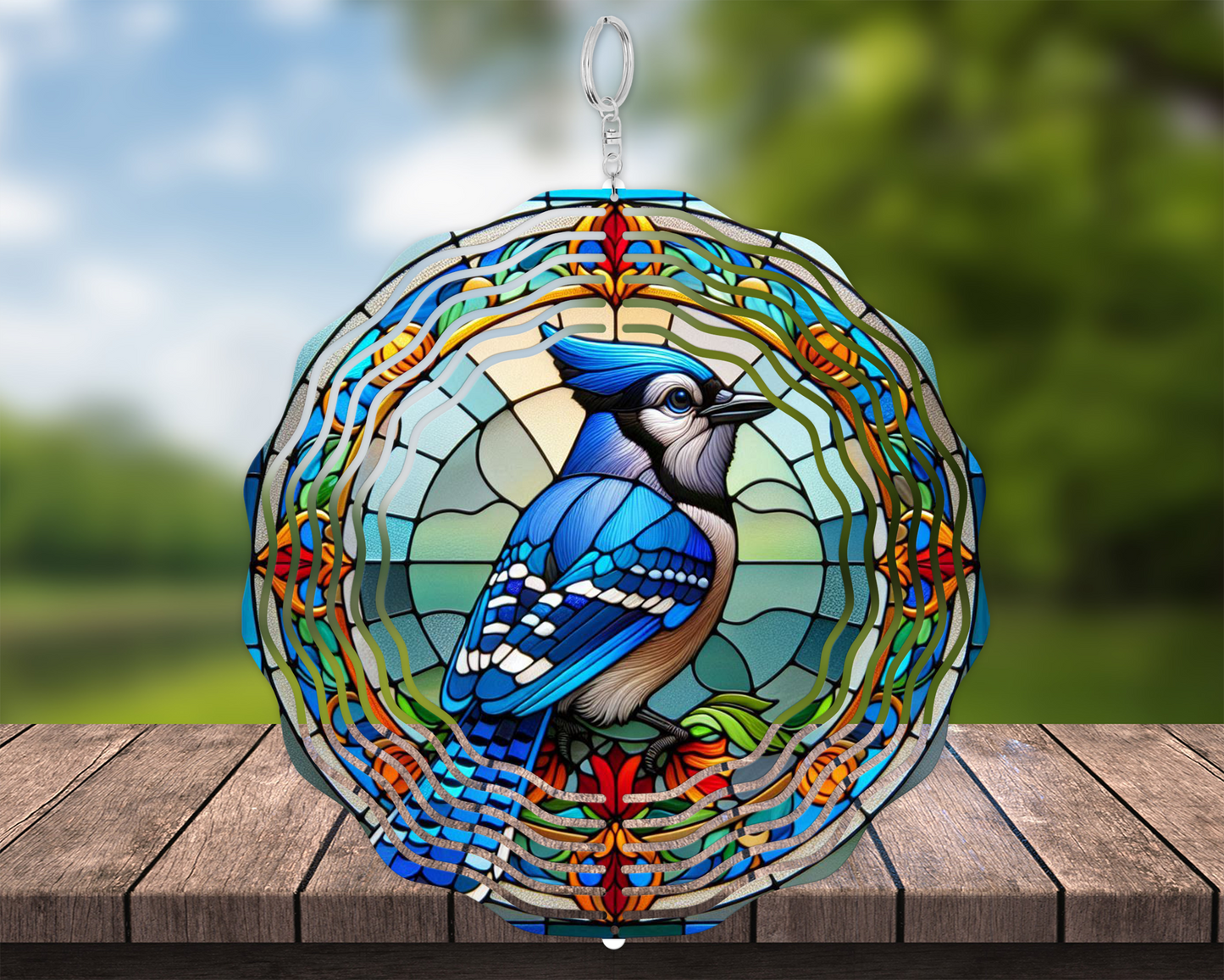 Bluejay Stained Glass Design Wind Spinner, Unique Gift for Mothers Day, Bluejay Decor, Hanging Wind Spinner, Porch Decor, Yard Decor