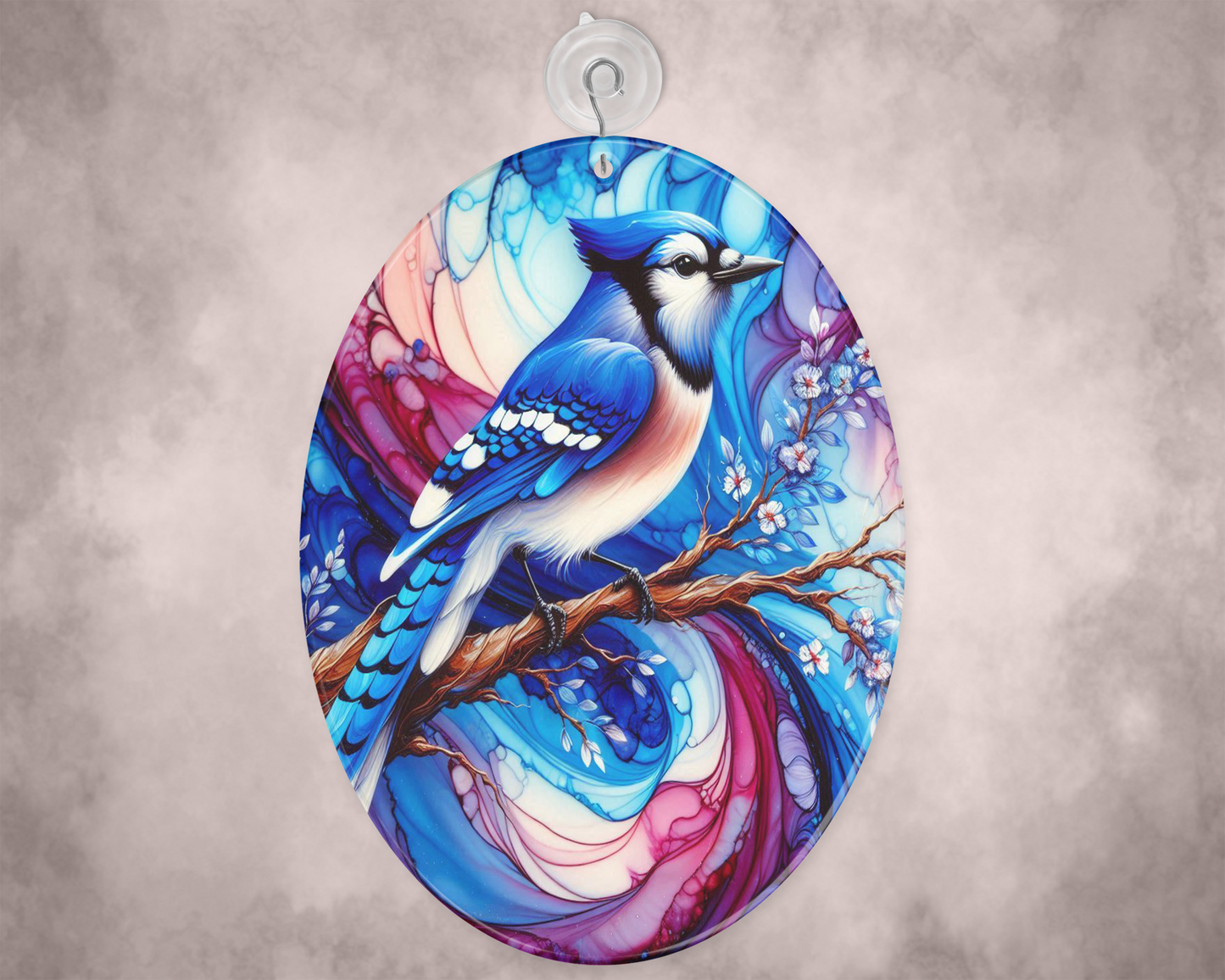 Blue Jay Alcohol Ink Glass Suncatcher, Tall Suncatcher, Bird Suncatcher
