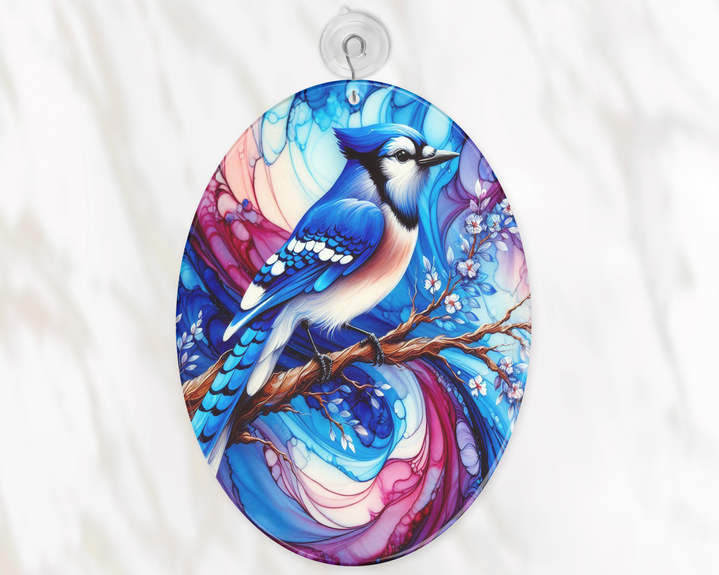 Blue Jay Alcohol Ink Glass Suncatcher, Tall Suncatcher, Bird Suncatcher