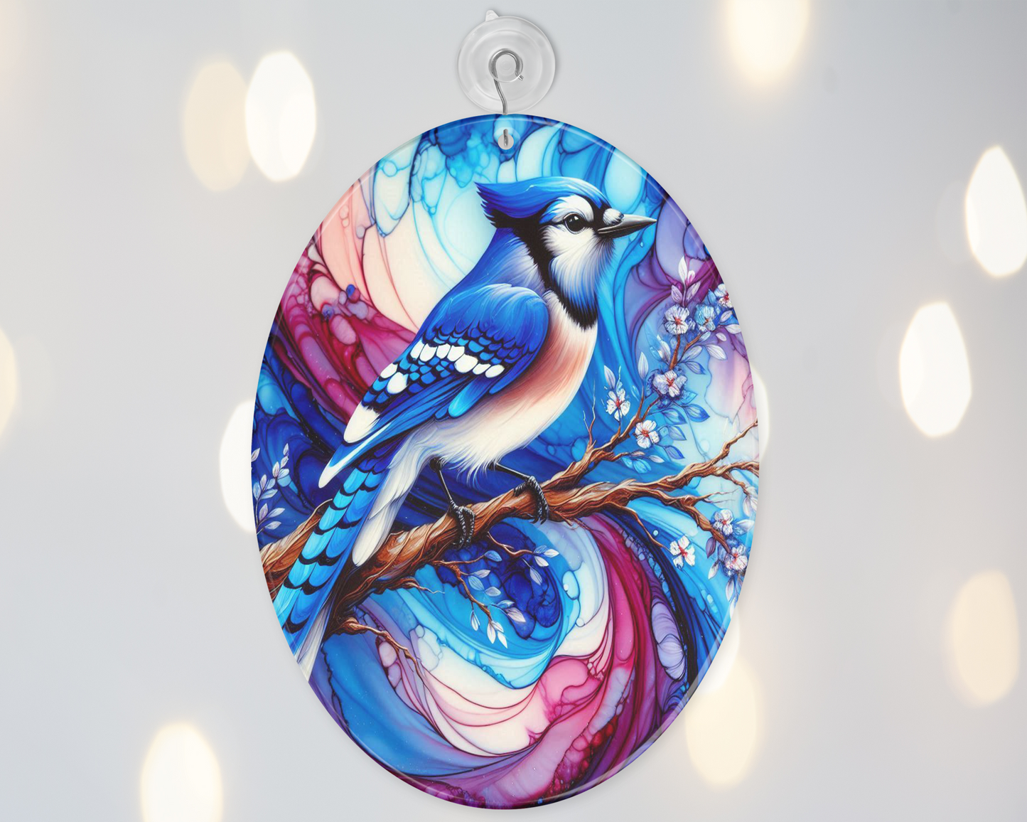 Blue Jay Alcohol Ink Glass Suncatcher, Tall Suncatcher, Bird Suncatcher