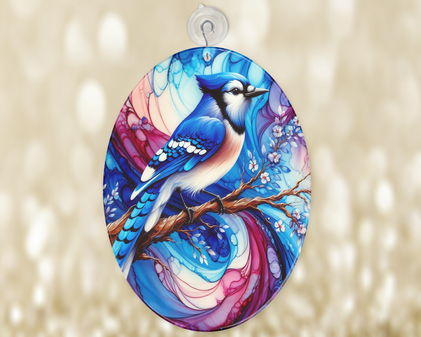 Blue Jay Alcohol Ink Glass Suncatcher, Tall Suncatcher, Bird Suncatcher