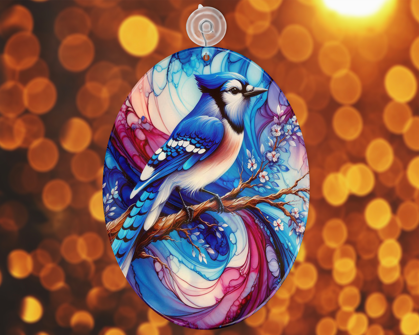 Blue Jay Alcohol Ink Glass Suncatcher, Tall Suncatcher, Bird Suncatcher