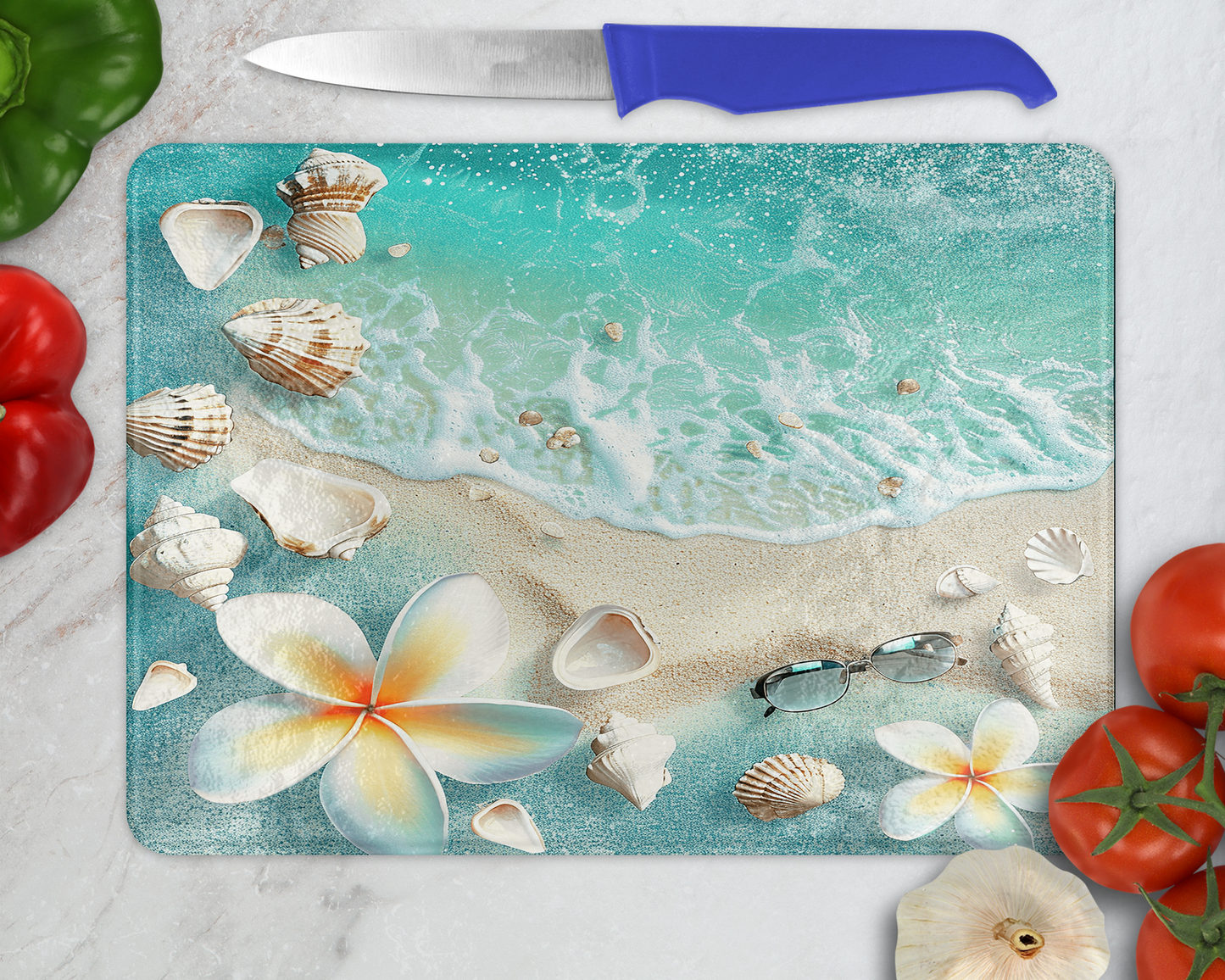 Large Ocean Themed Glass Cutting Board, Ocean Lover Gift