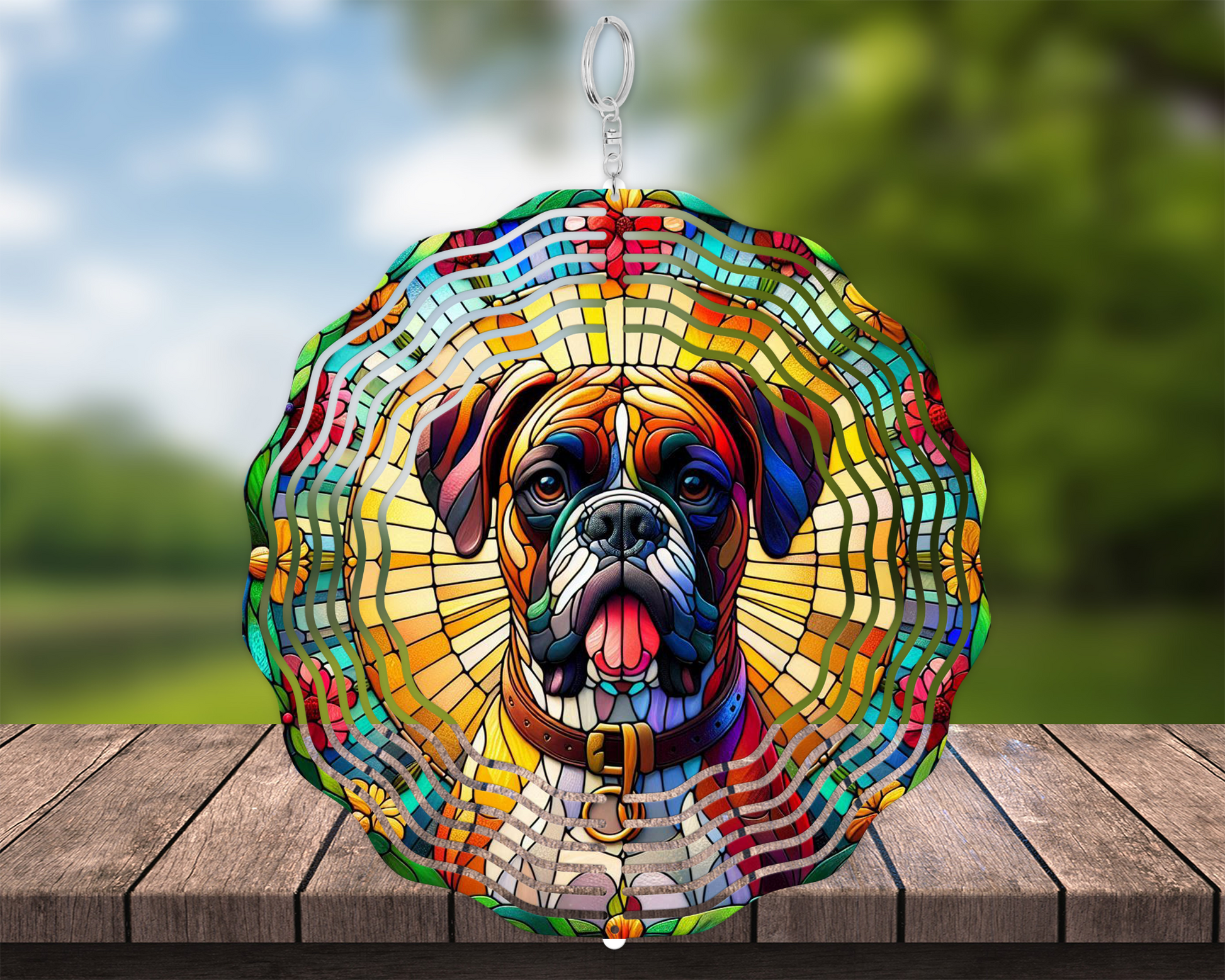 Colorful Faux Stained Glass Boxer Dog Wind Spinner | 3D Garden Decor
