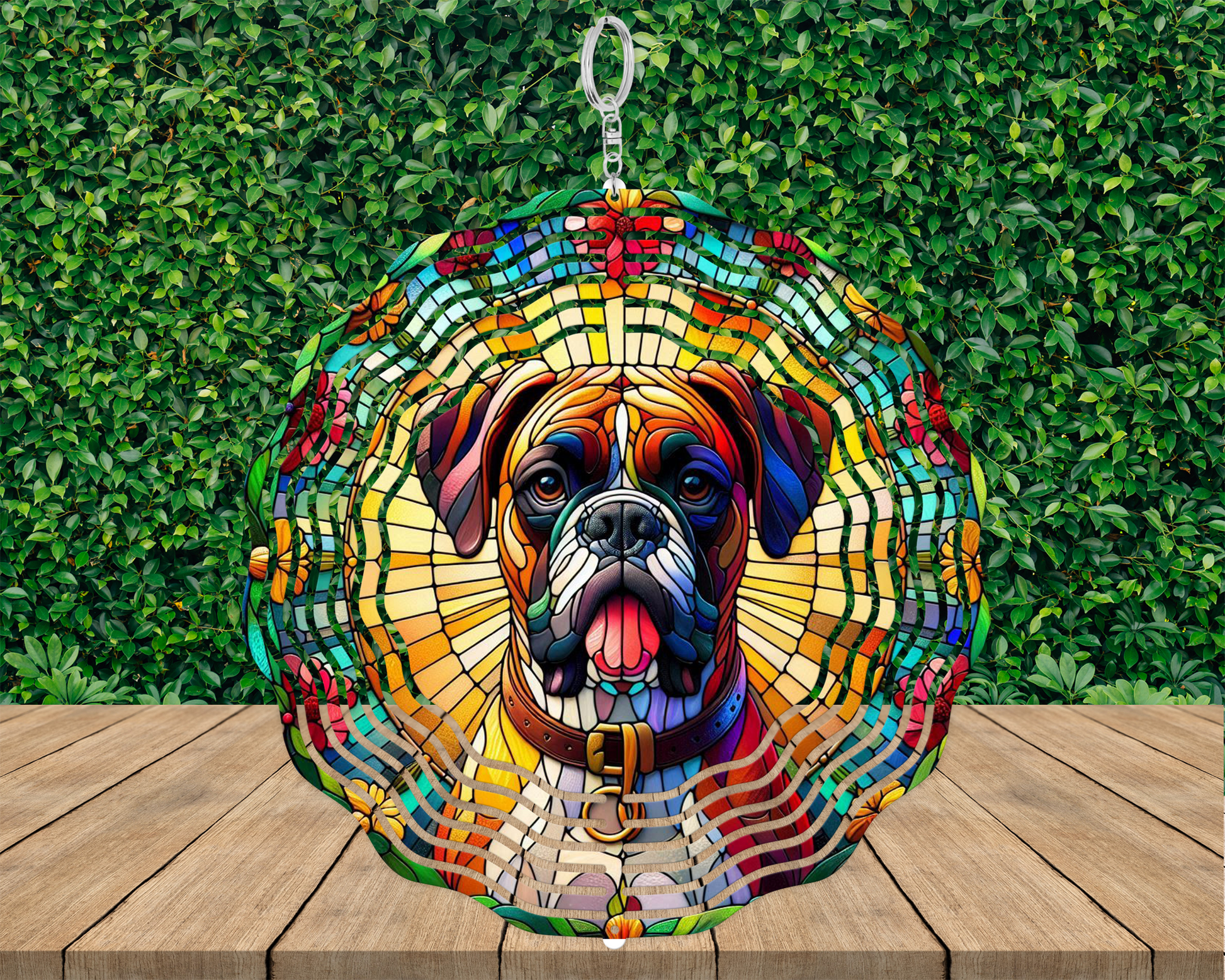 Whimsical Boxer Dog Wind Spinner | Vibrant Stained Glass Look