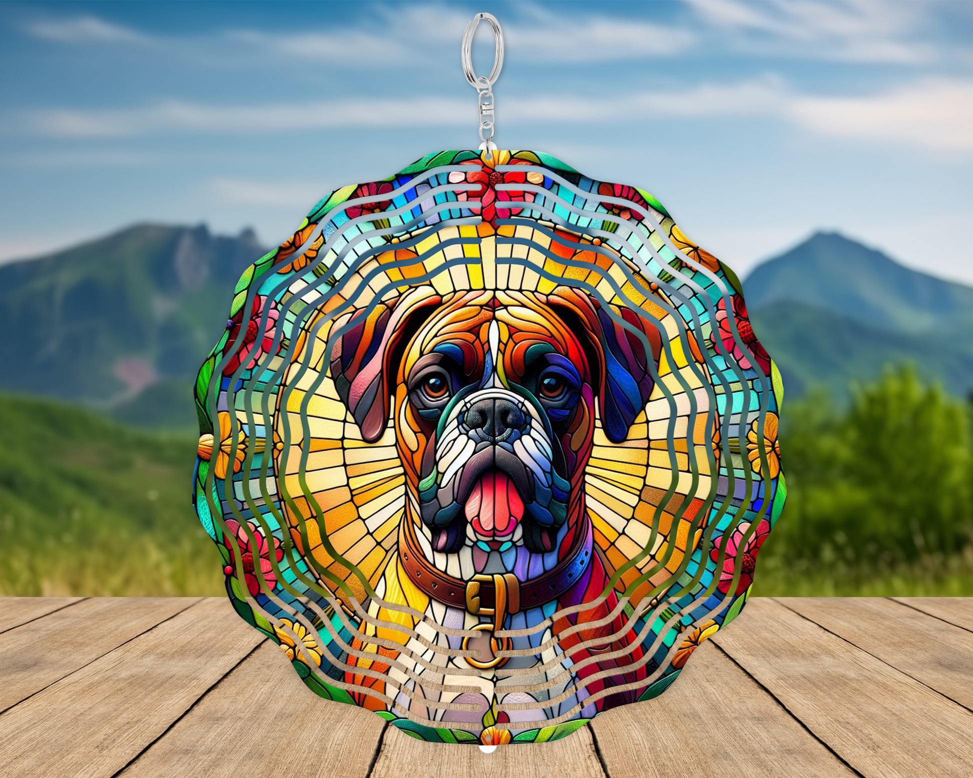 Whimsical Boxer Dog Wind Spinner | Vibrant Stained Glass Look