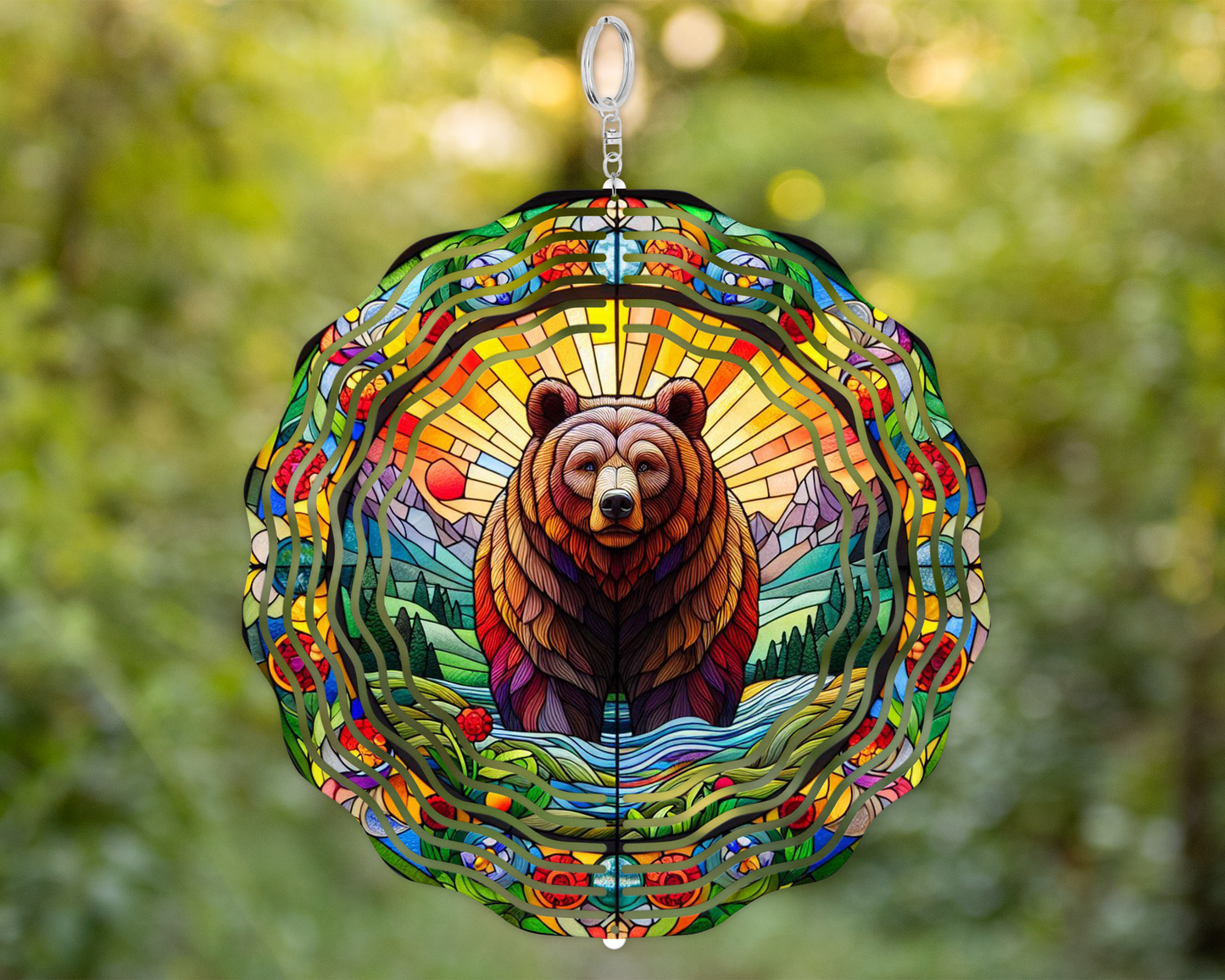 Colorful Faux Stained Glass Wind Spinner with Bear Design