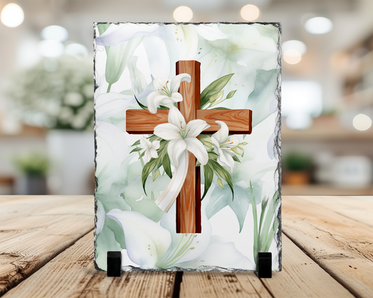 Easter Lilies Cross Photo Slate - Religious Decorative Home Decor