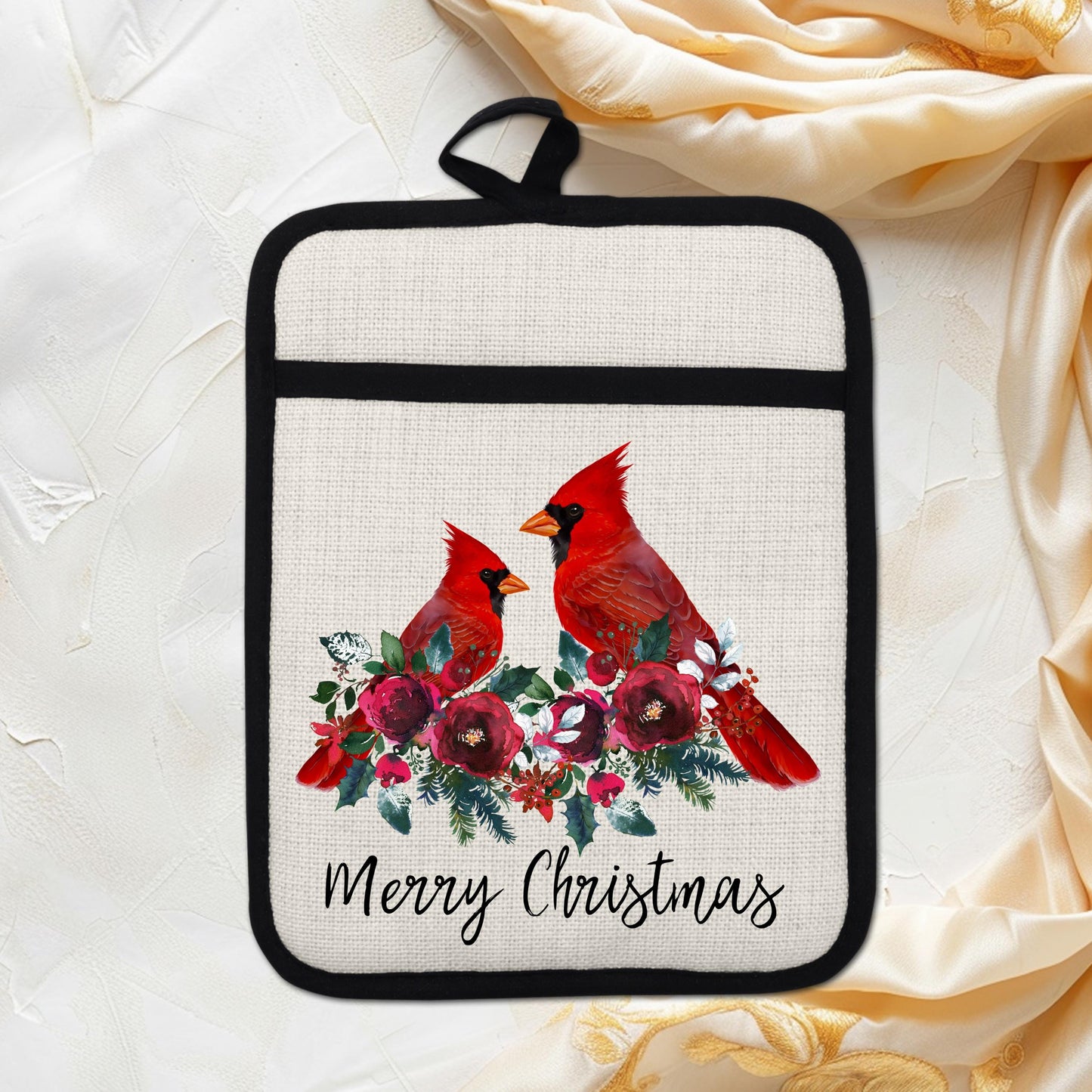 Christmas Cardinal Pot Holder with Two Red Birds on Floral Border - Linen Hot Pad for Holiday Gifting