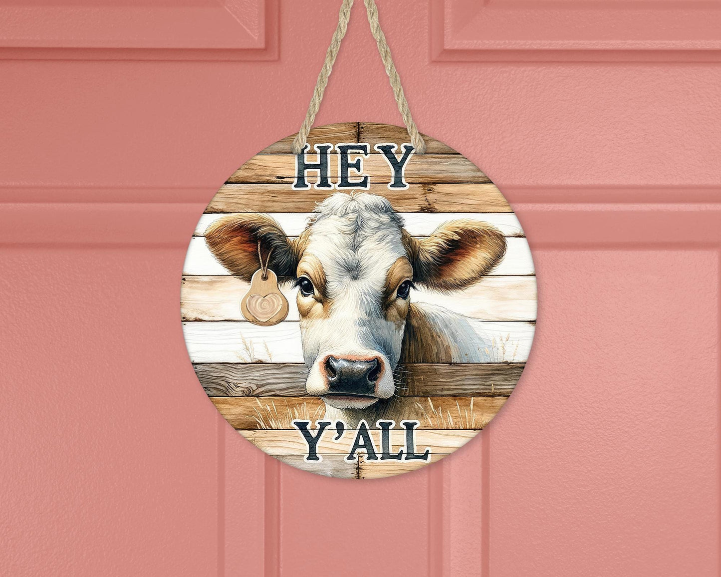Farmhouse Round Door Wreath with Cow Decor, Faux Wood Hey Y'all Sign Unique Gifts for Cow Lover, Front Porch Decor, New Home Gift, Cow Door