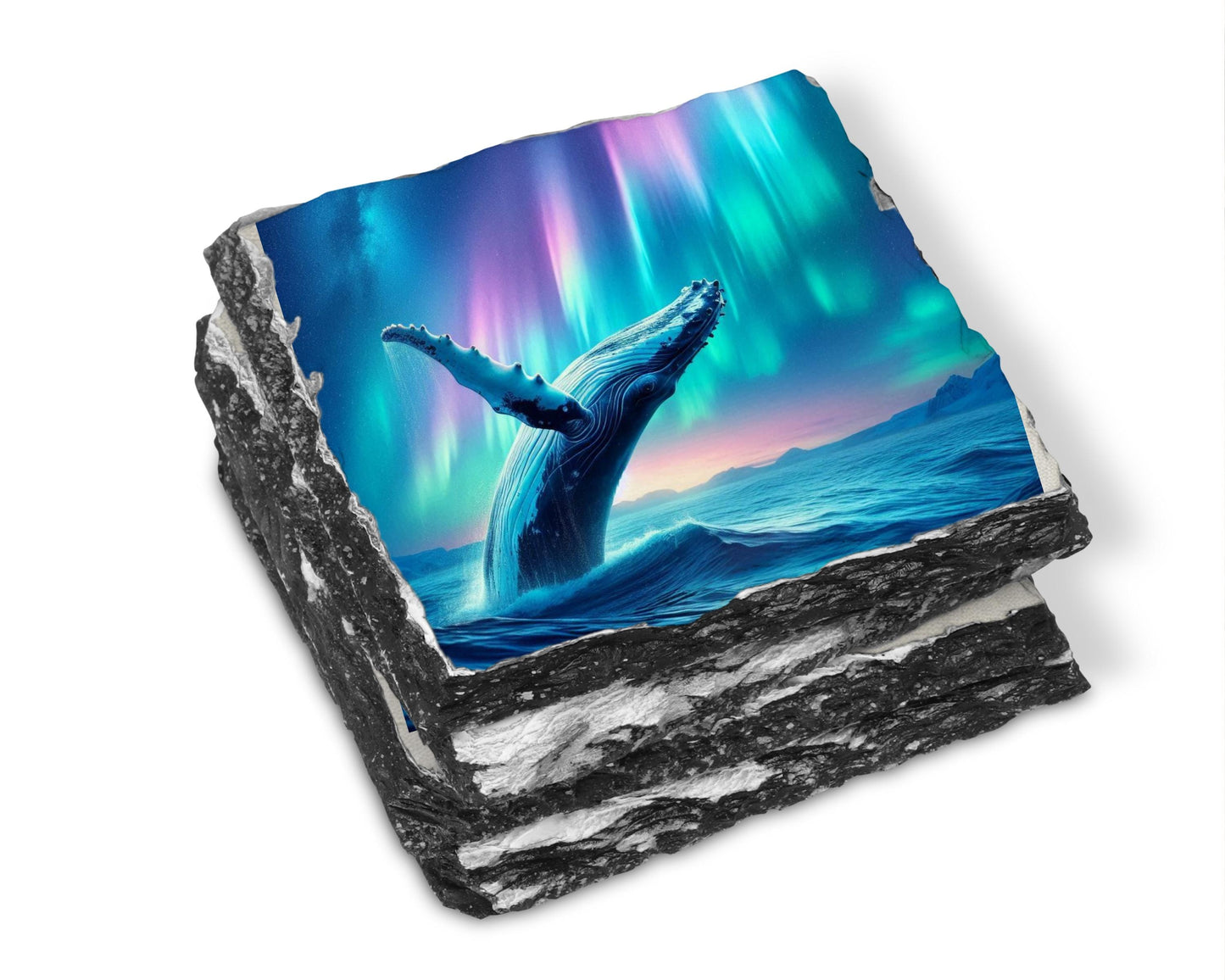 Humpback Whale Slate Coaster Set Ocean Art Gift for Whale Lovers Featuring Northern Lights Design