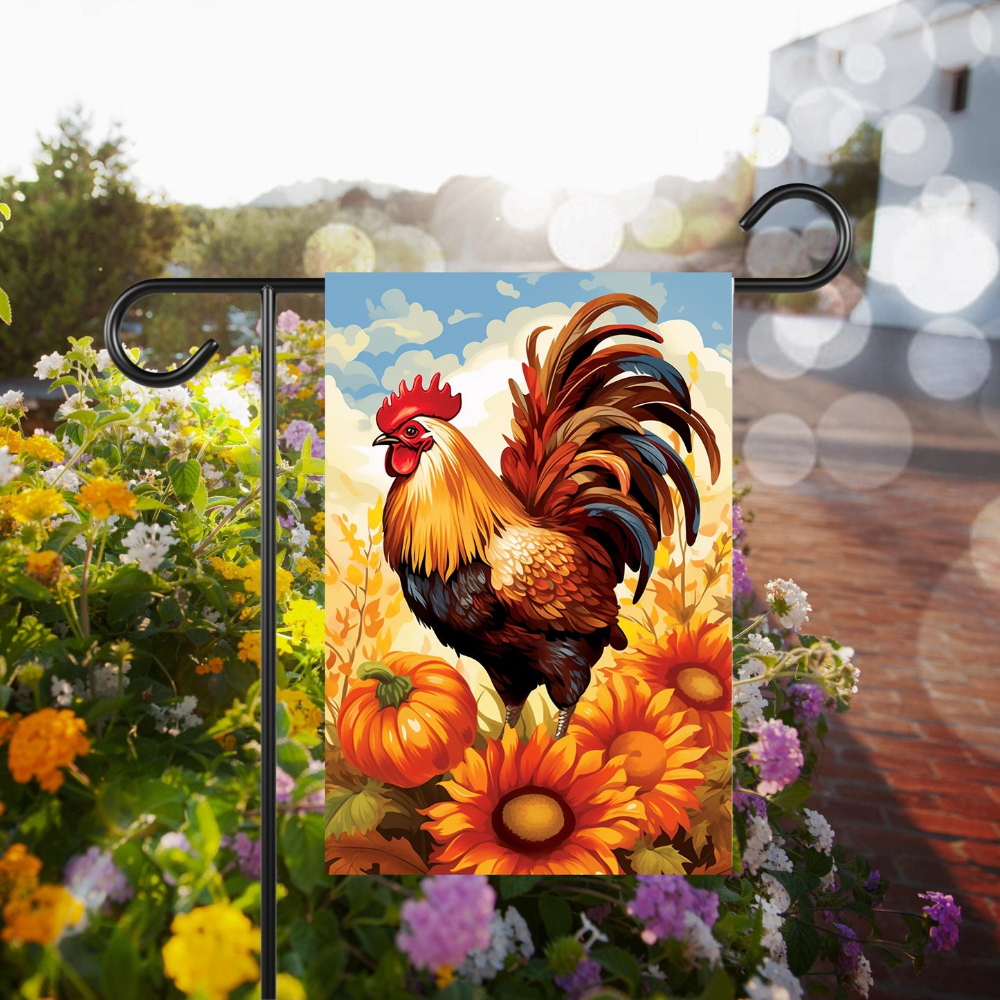 Double-Sided Garden Flag - Autumn Rooster Pumpkin Mums Design 12x18 Inch