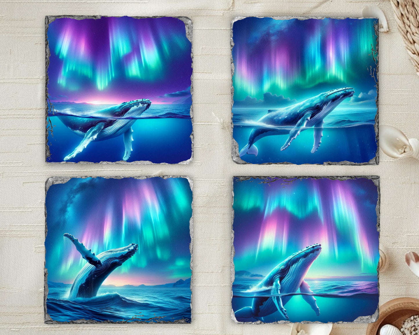Humpback Whale Slate Coaster Set Ocean Art Gift for Whale Lovers Featuring Northern Lights Design