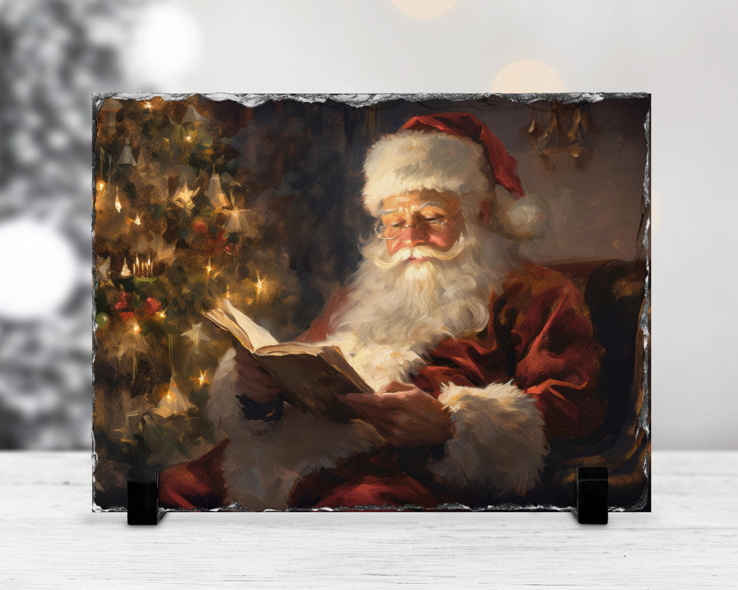Watercolor Santa Slate Plaque - Holiday Decor with Fractured Edge Christmas Tree Reading Scene