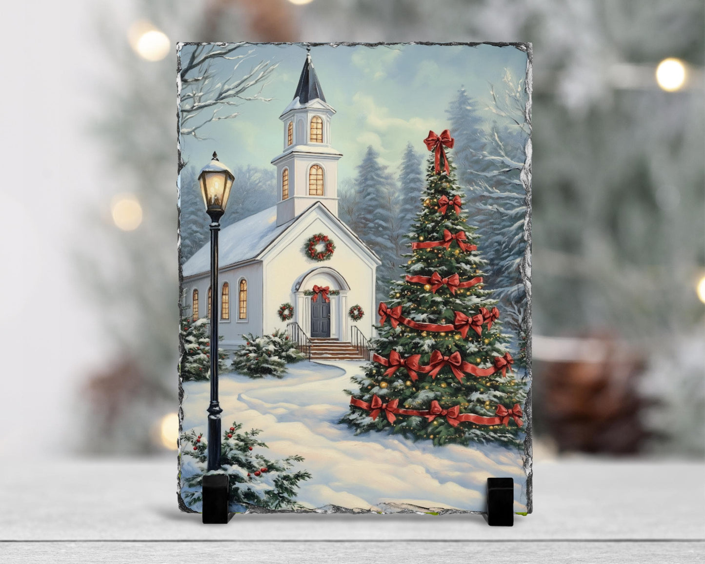 Vintage Slate Christmas Art with Red Bows Snowy Landscape