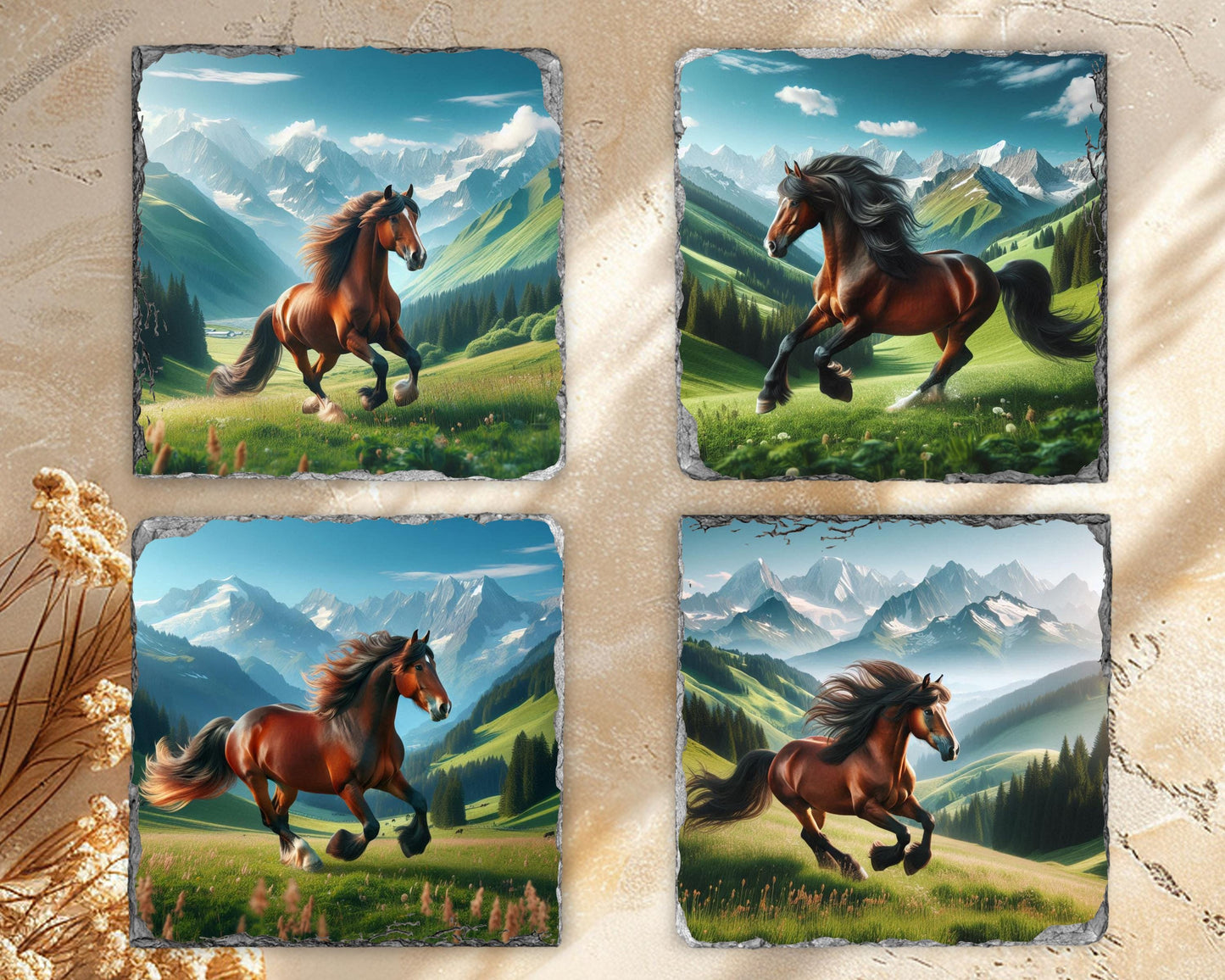 Horse Slate Coaster Set with Rack - Rustic Mountain Valley Art for Equestrian Farmhouse Decor
