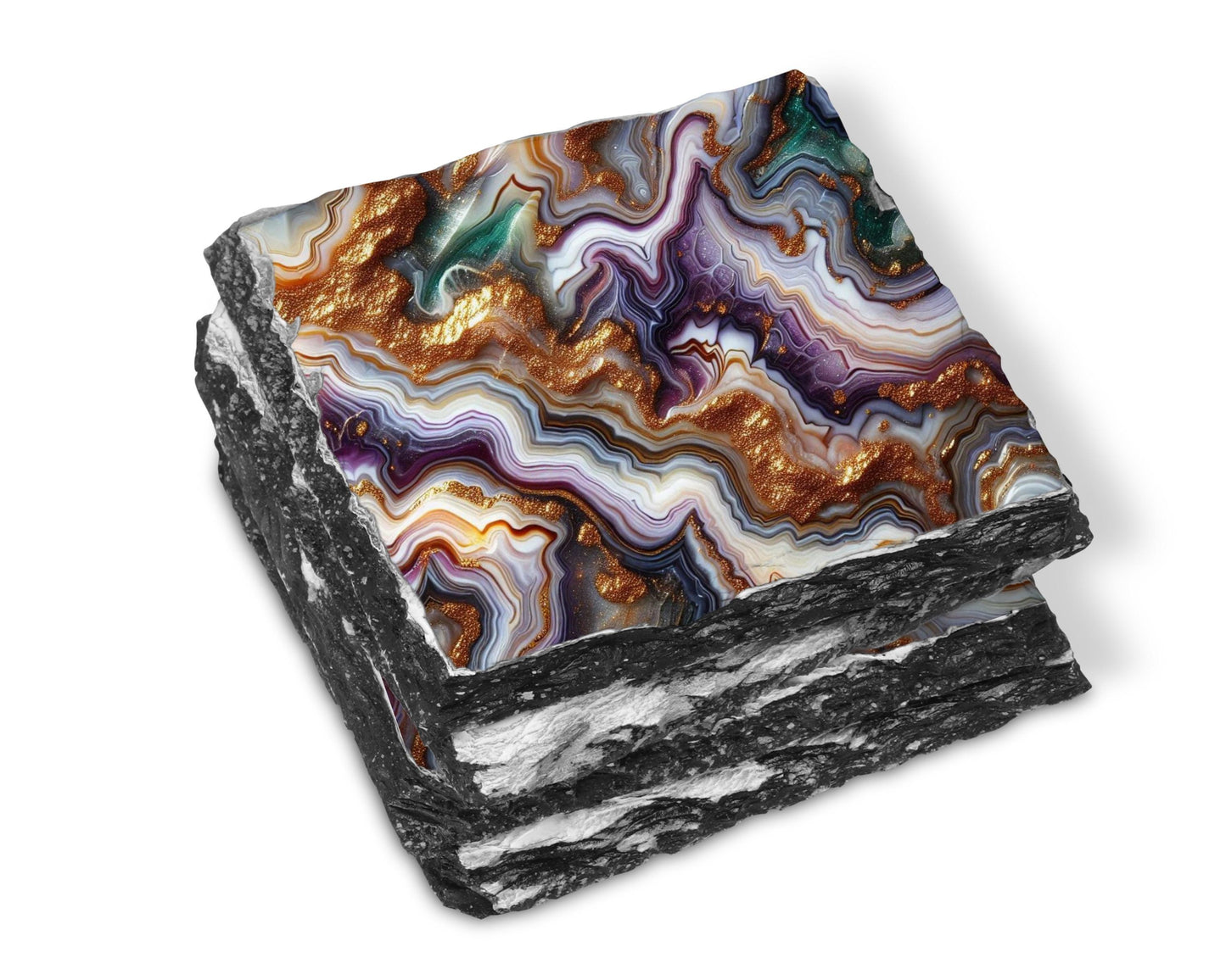 Mardi Gras Coaster Set of 4 - Purple Gold Glitter Green Agate Perfect Boho Housewarming Gift