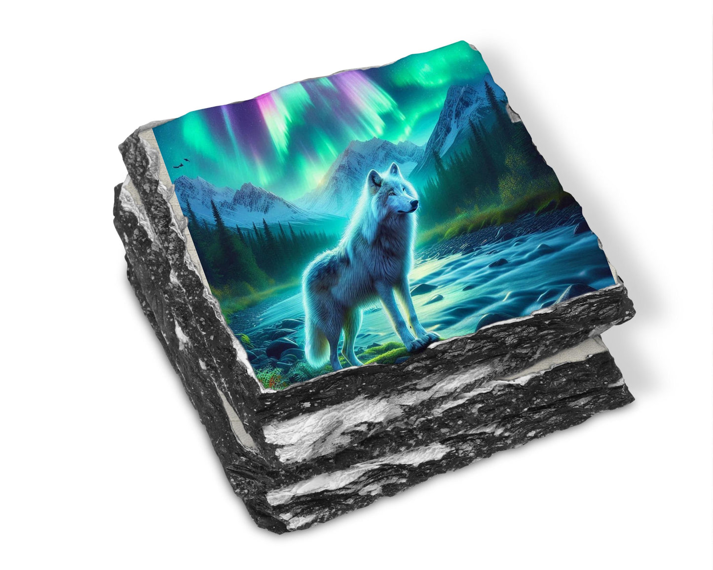 Northern Lights Wolf Slate Coaster Set - Rustic Cabin Decor Gift