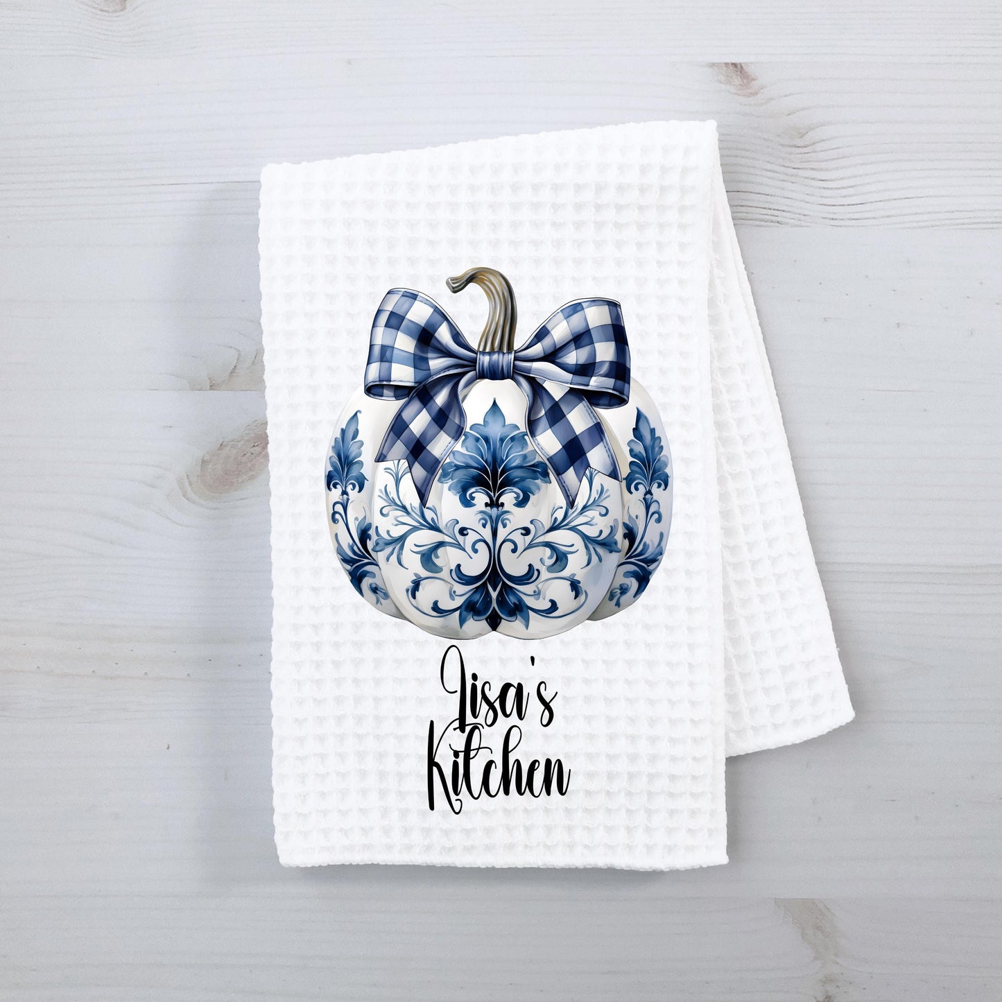 Chinoiserie Coquette Pumpkin Waffle Towel, Personalized Name Towel, Unique Hostess Gift