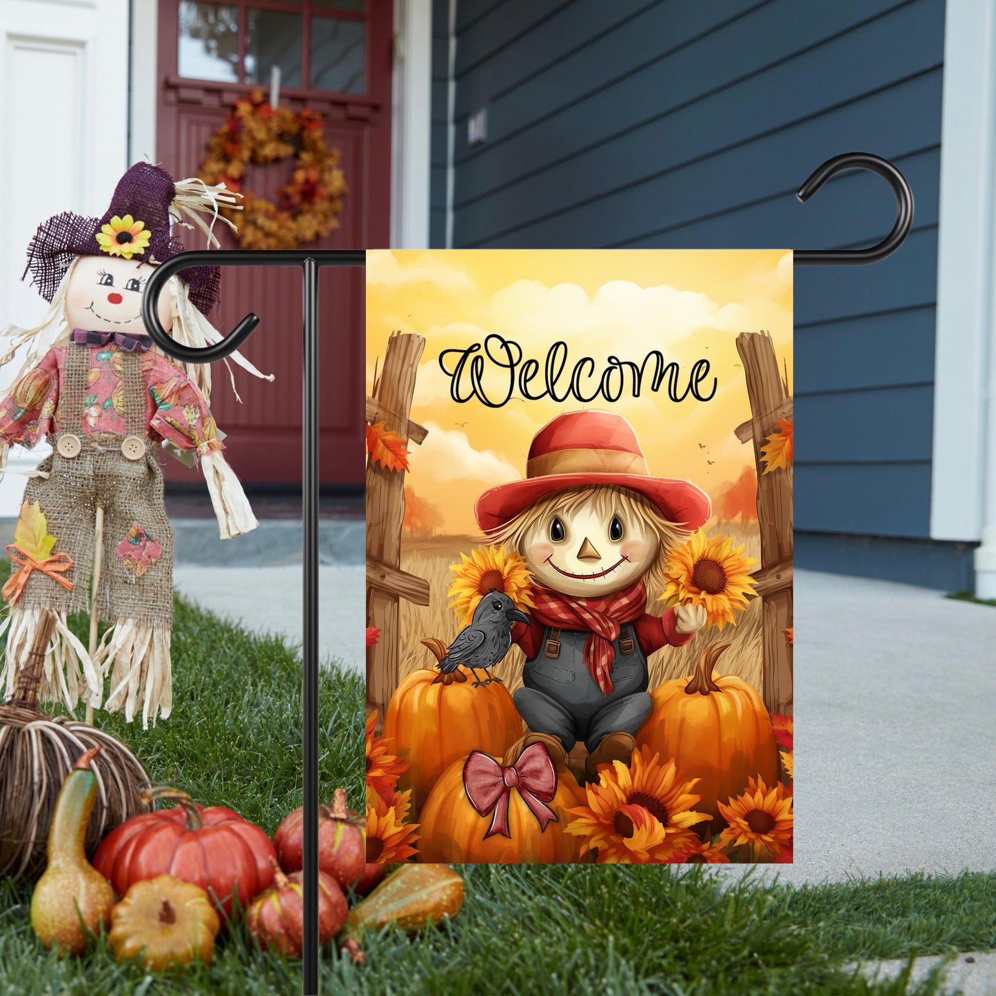 Double-Sided Garden Flag Featuring Scarecrow Pumpkins Sunflowers and Autumn Sunset