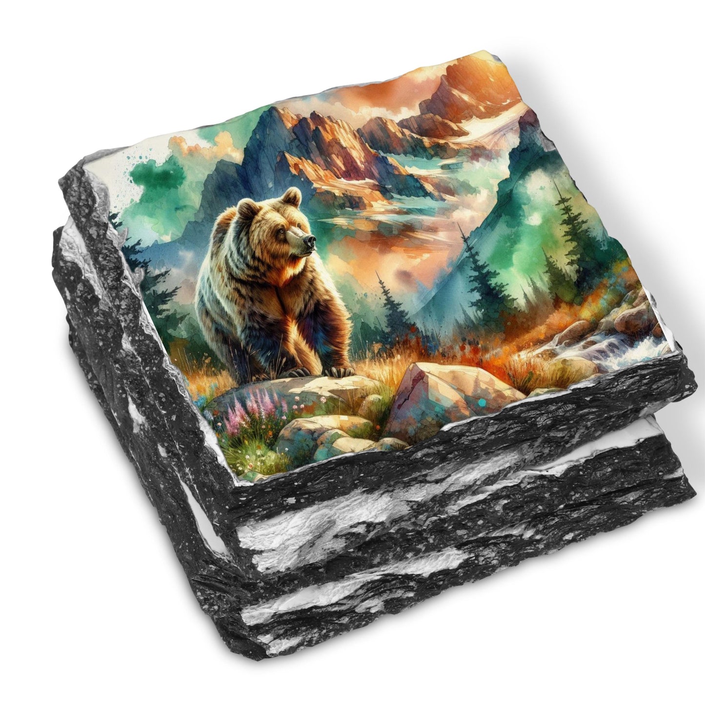 Brown Bear Mountain Watercolor Slate Coaster Set with Black Rack Unique Nature Gift for Wildlife Enthusiasts