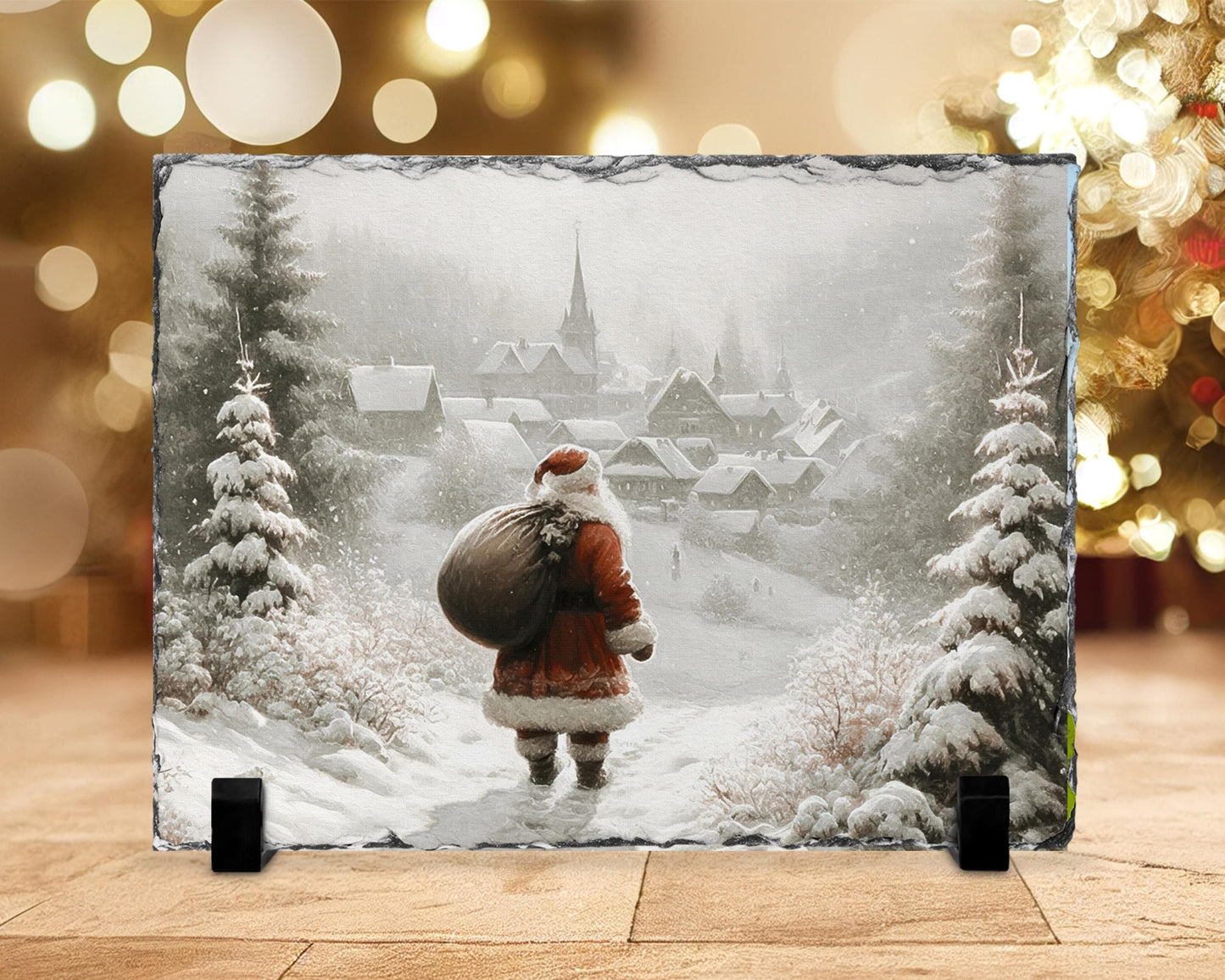 Vintage Village Santa Slate, Snowy Path Christmas Scene, Gift for Santa Lovers