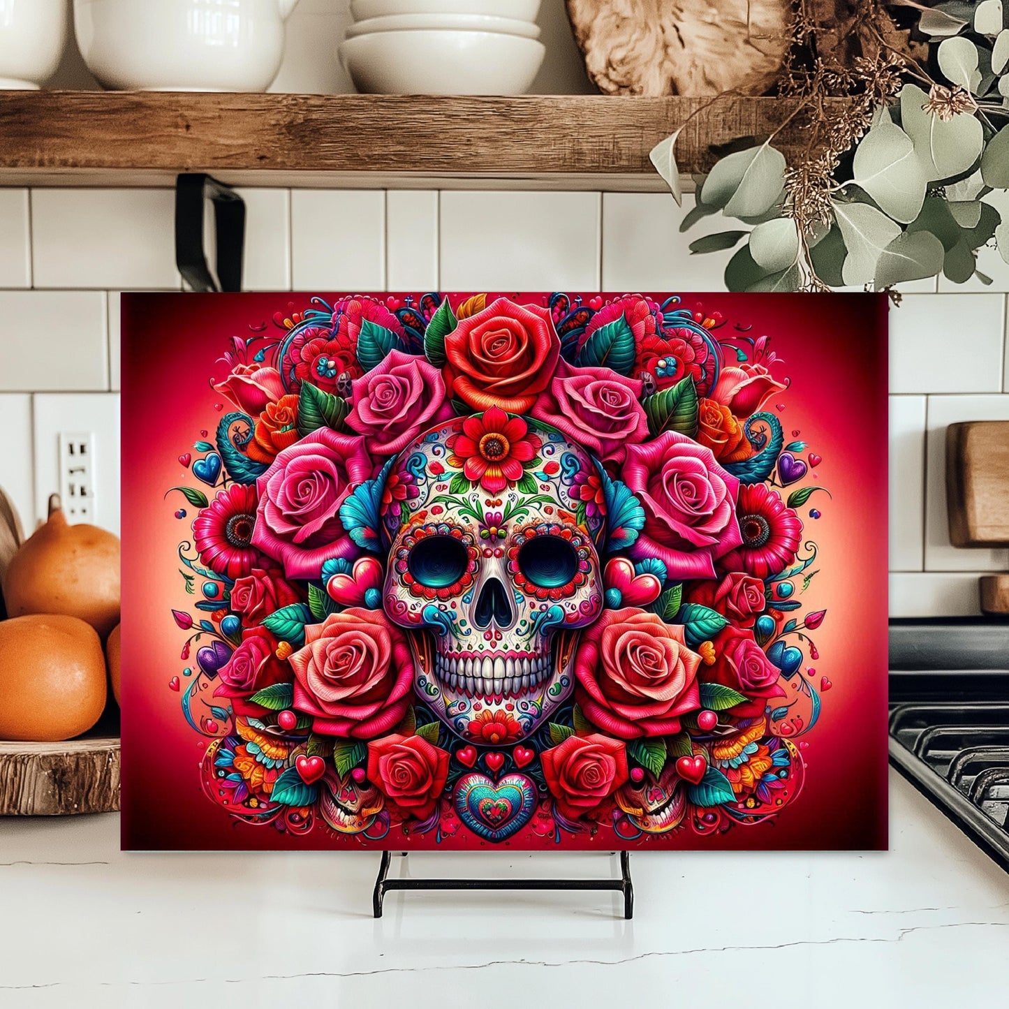 Tempered Glass Cutting Board with Day of the Dead Skull Design - Ideal for Meal Prep