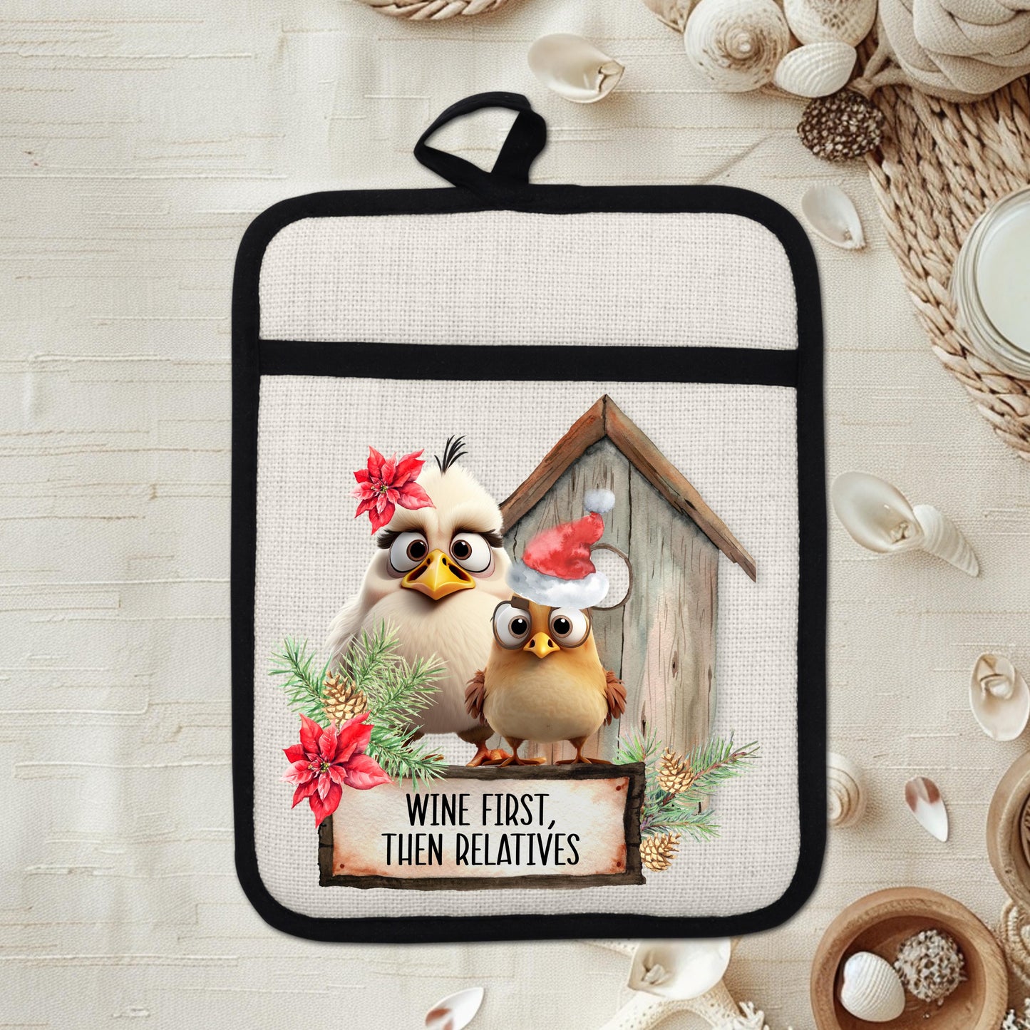 Funny Chicken Christmas Pot Holder with Wine First Then Relatives Quote - Rustic Linen Hot Pad Holiday Gift