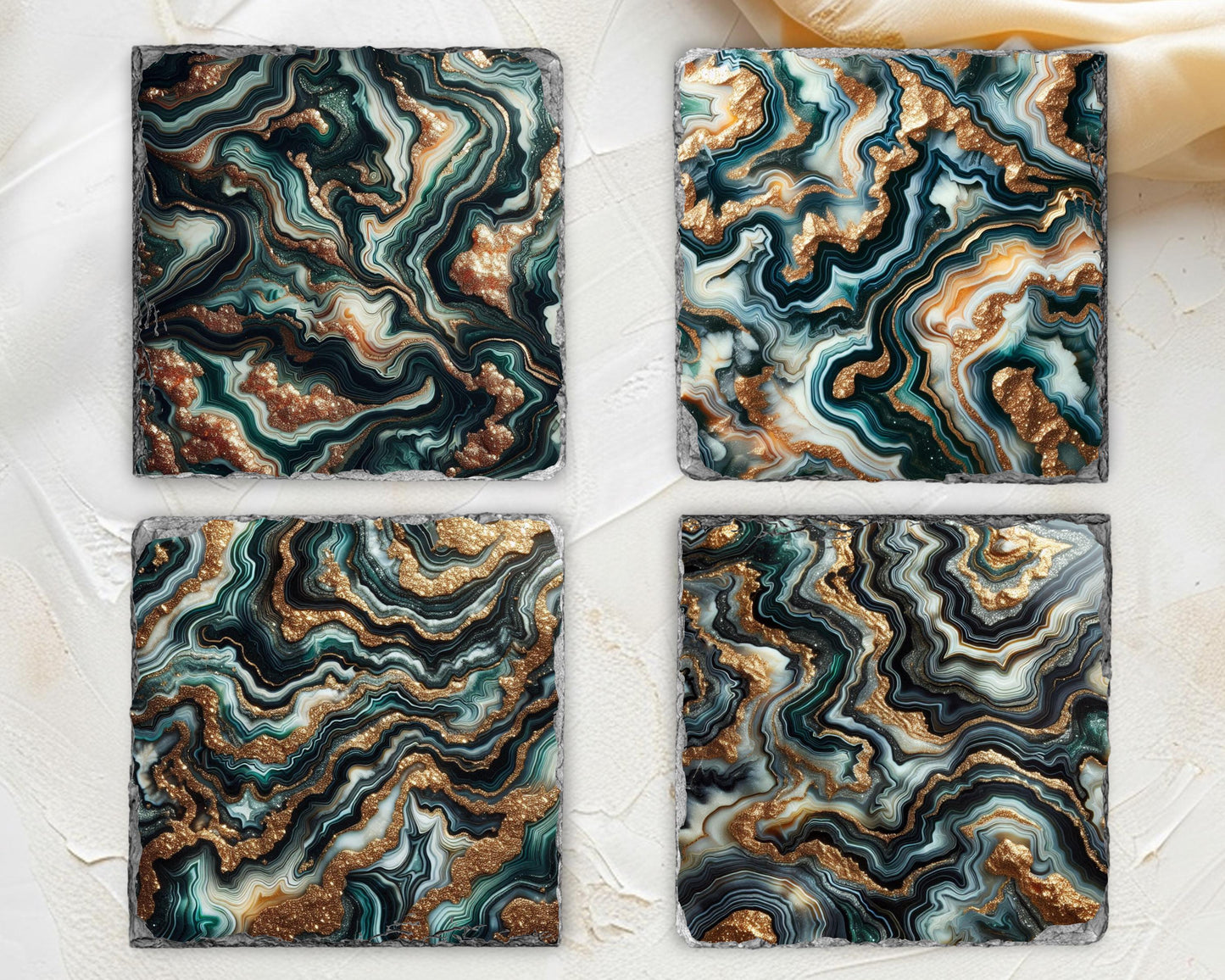 Fractured Edge Slate Coaster Set of 4 with Green Agate Pattern Gold Faux Glitter - Unique Housewarming Gift Elegant Home Décor