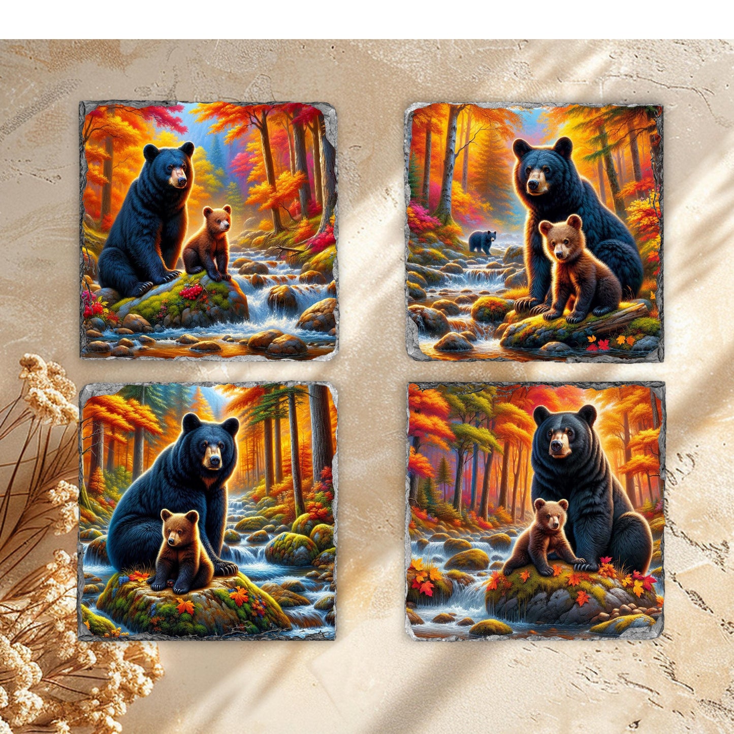 Fractured Edge Slate Coaster Set with Bear and Cub Fall River Scene - Ideal Gift for Nature Lovers