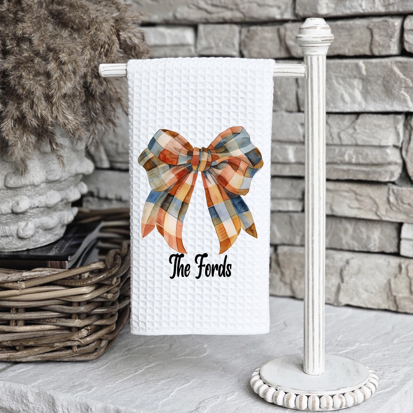 Personalized Fall Gingham Bow Waffle Weave Towel, Custom Kitchen Decor, Unique Gift for Her, Hostess Gift, Autumn Gingham Bow Towel