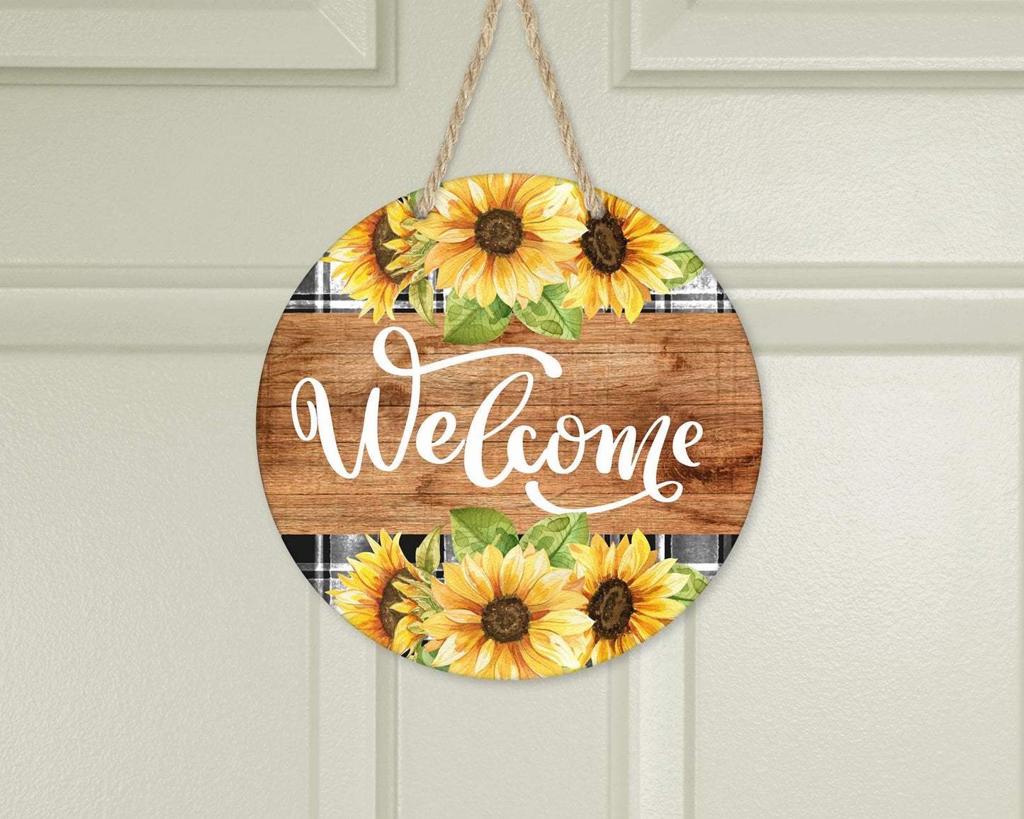 Aluminum Welcome Sign with Buffalo Plaid and Sunflowers - Unique Front Door Decor Housewarming Gift