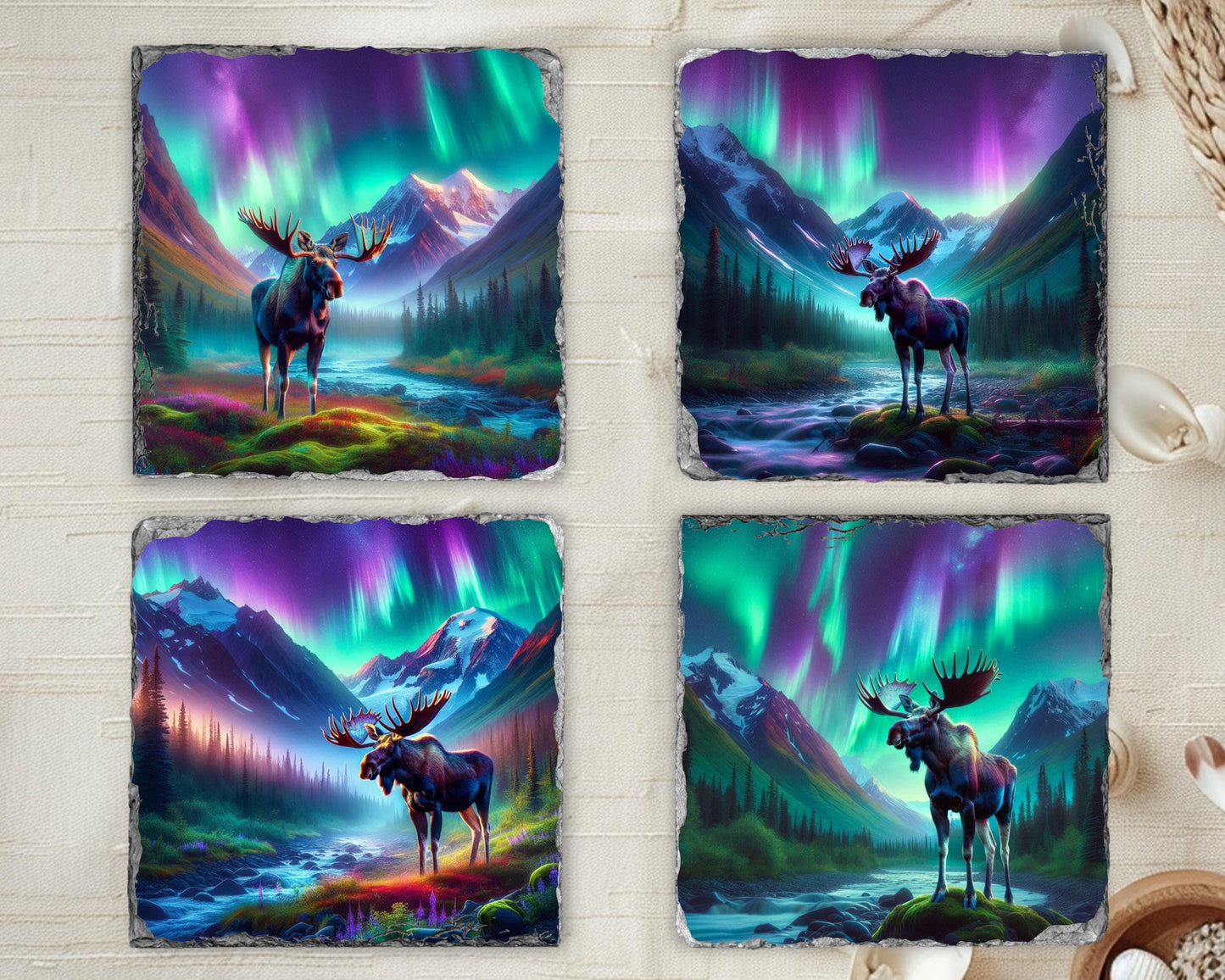 Rustic Slate Coaster Set with Moose Design - Ideal Cabin Gift for Nature Enthusiasts