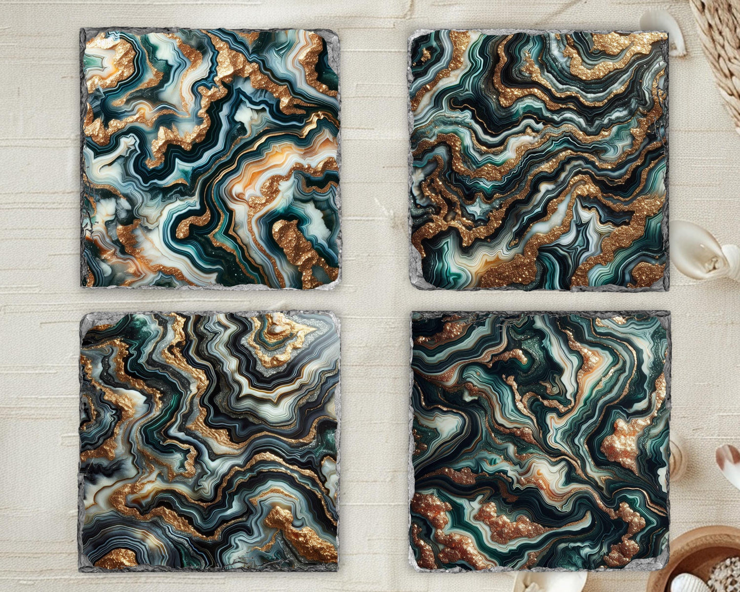 Fractured Edge Slate Coaster Set of 4 with Green Agate Pattern Gold Faux Glitter - Unique Housewarming Gift Elegant Home Décor
