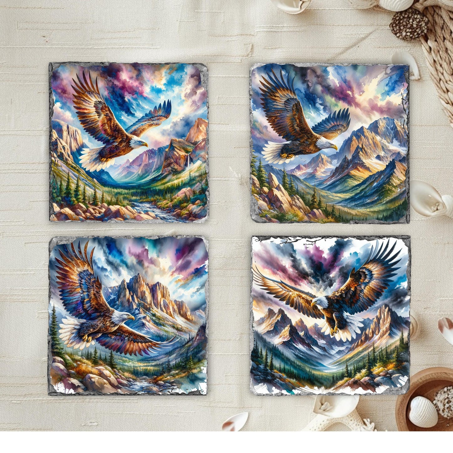 Eagle and Mountain Watercolor Slate Coaster Set with Fractured Edges Perfect Rustic Gift for Wilderness Enthusiasts