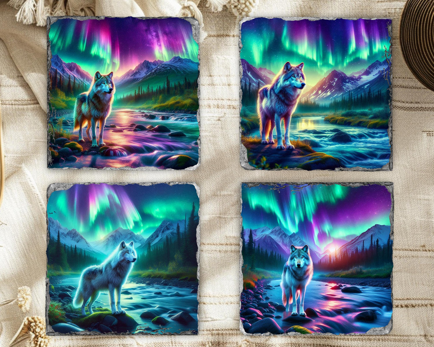 Northern Lights Wolf Slate Coaster Set - Rustic Cabin Decor Gift