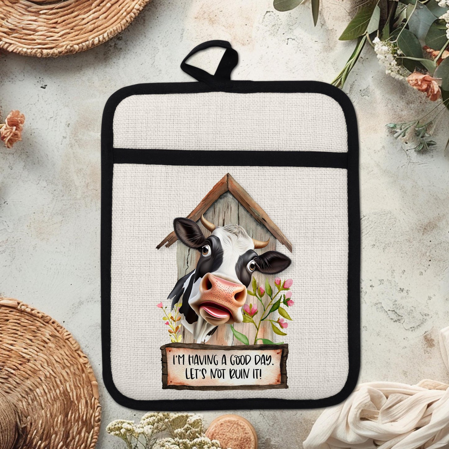 Rustic Funny Cow Pot Holder with Silicone Back Hanging Loop - 9x7 Linen Hot Pad for Barn Kitchen Decor
