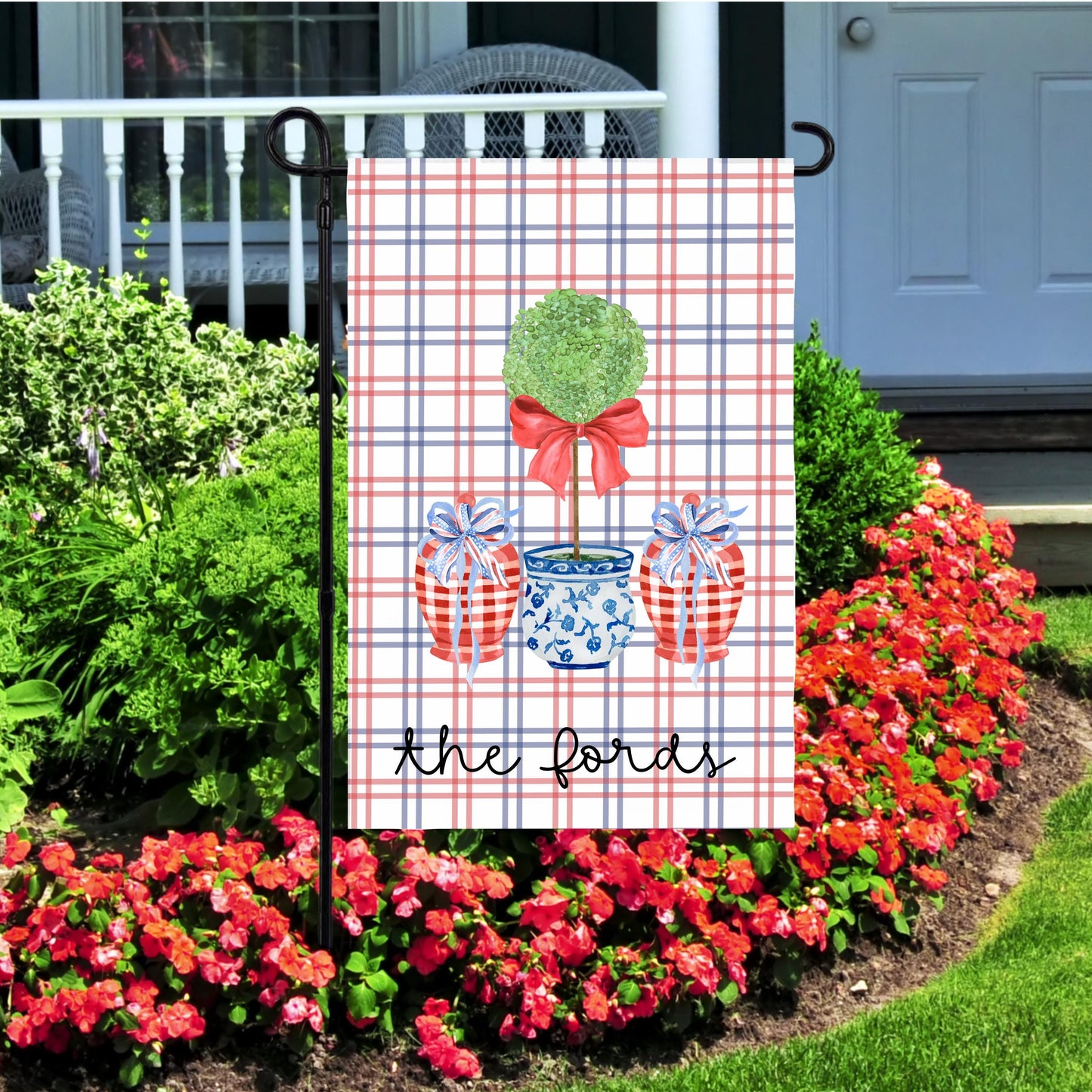Preppy Housewarming Gift, Custom 4th of July Garden Flag with Chinoiserie Topiary, New Home Housewarming Gift, Preppy Garden Flag