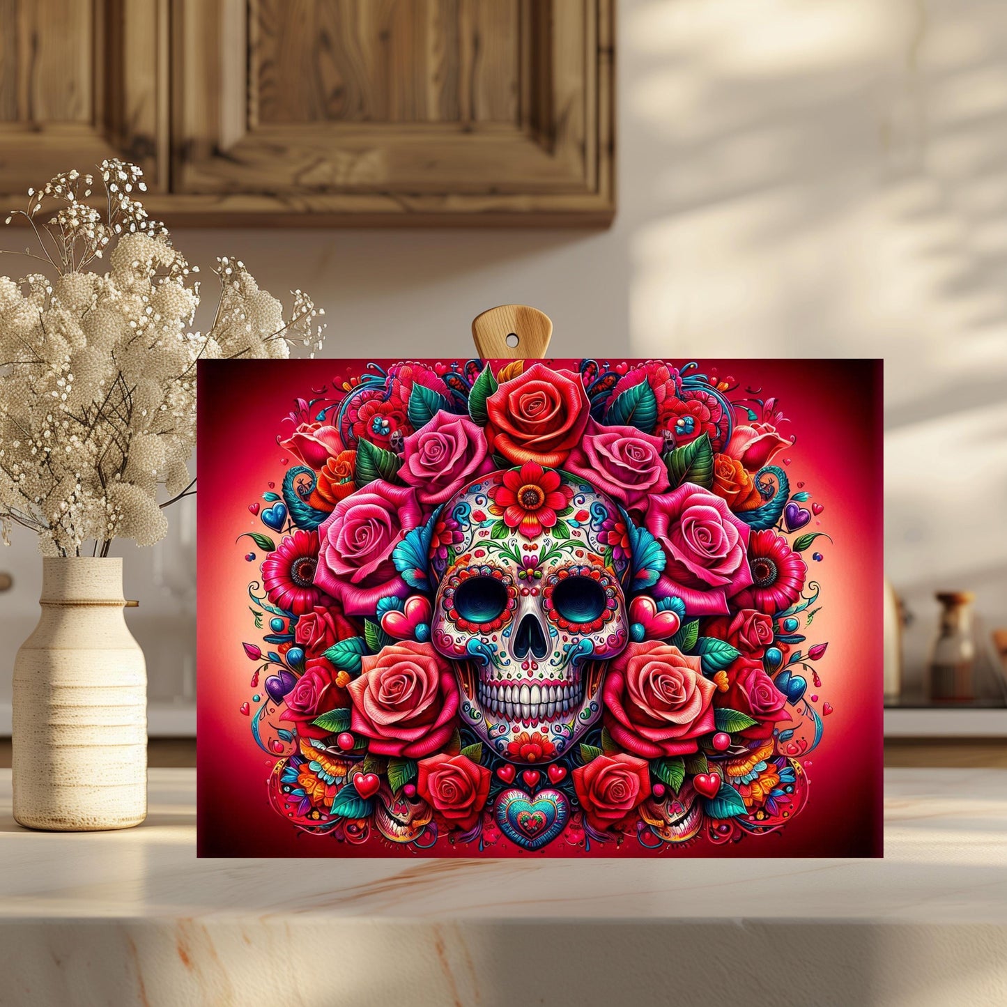 Tempered Glass Cutting Board with Day of the Dead Skull Design - Ideal for Meal Prep
