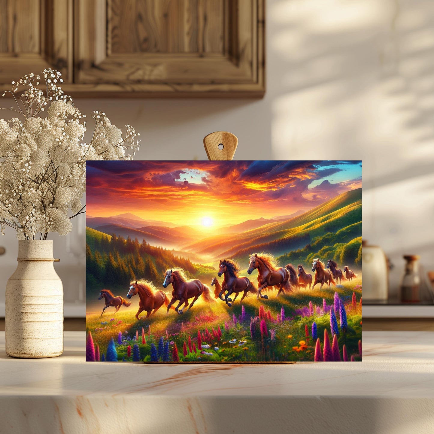 Wild Horse Sunset Cutting Board - Rustic Kitchen Decor for Horse Lovers Mountain Valley Design with Wildflowers