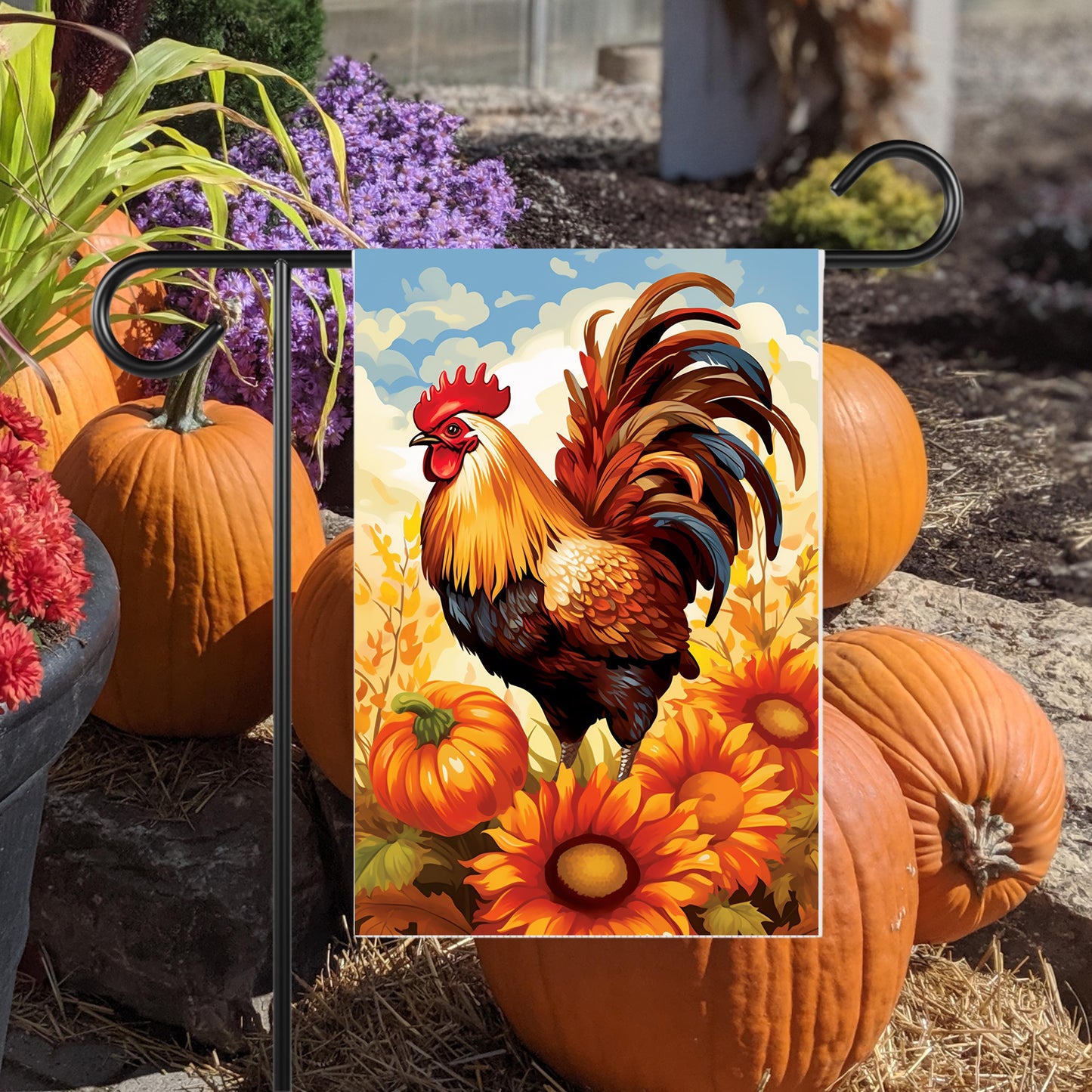 Double-Sided Garden Flag - Autumn Rooster Pumpkin Mums Design 12x18 Inch