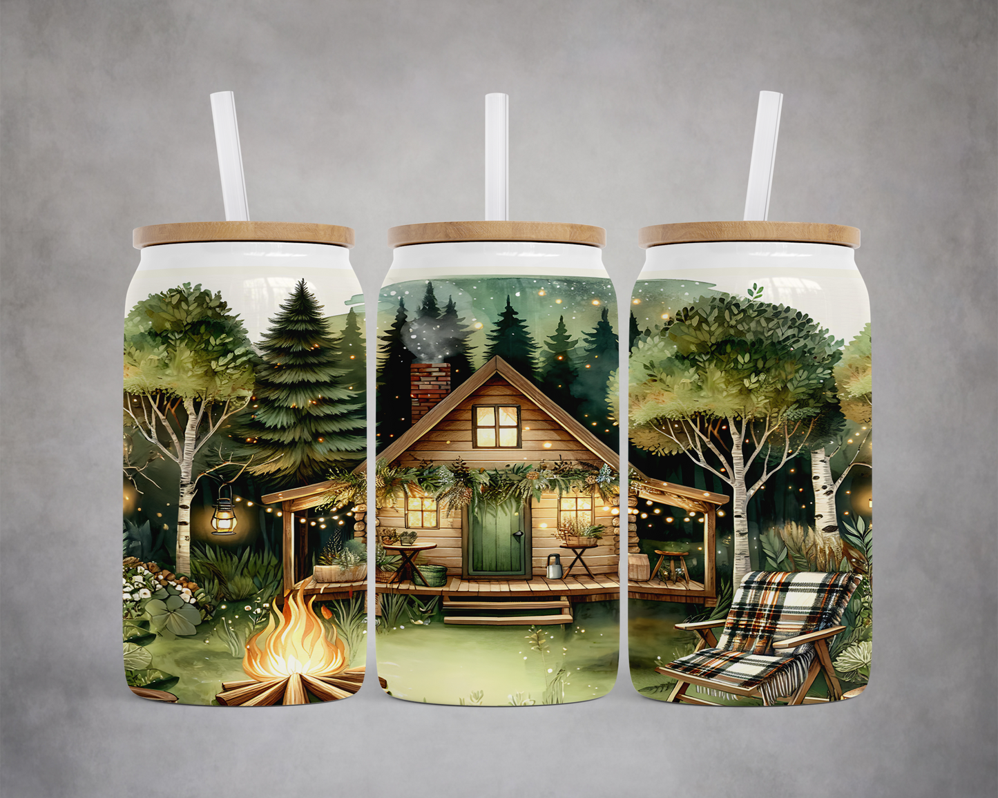 Nighttime Cabin Scene Soda Can, 16 oz Stainless Steel, Unique Gift for Camper, Outdoorsy Gift for Her, Travel Cup, Cold Beverage Cup, Iced