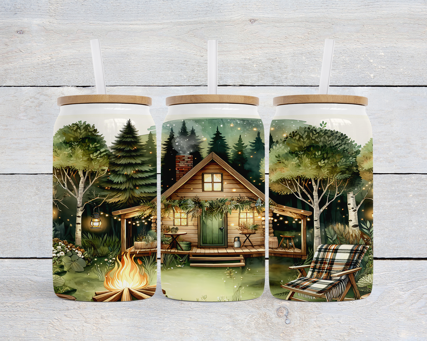 Nighttime Cabin Scene Soda Can, 16 oz Stainless Steel, Unique Gift for Camper, Outdoorsy Gift for Her, Travel Cup, Cold Beverage Cup, Iced