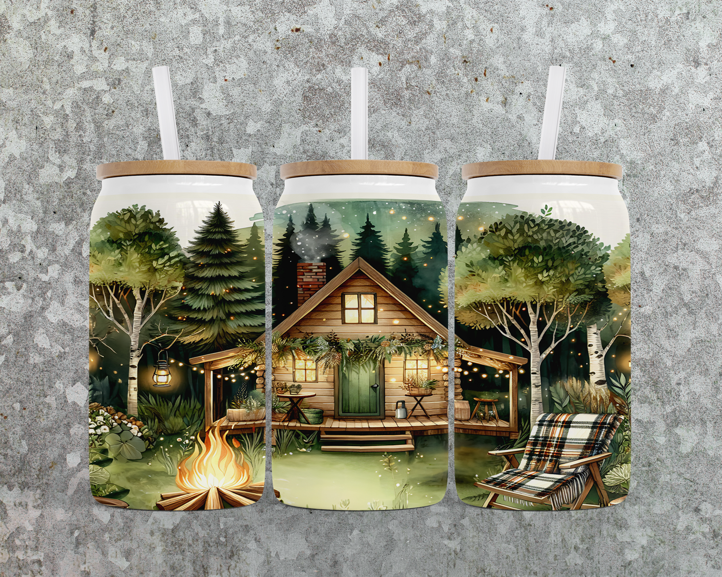Nighttime Cabin Scene Soda Can, 16 oz Stainless Steel, Unique Gift for Camper, Outdoorsy Gift for Her, Travel Cup, Cold Beverage Cup, Iced