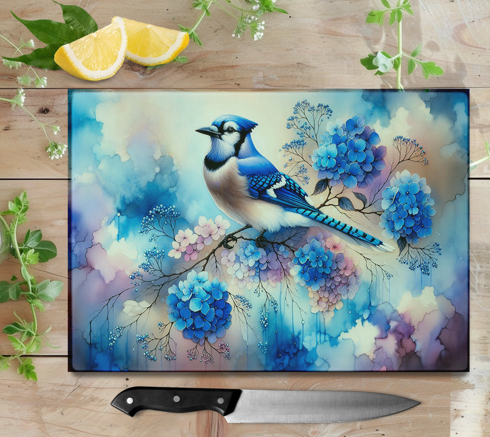 Blue Jay Glass Cutting Board with Hydrangea Tree Branch Design