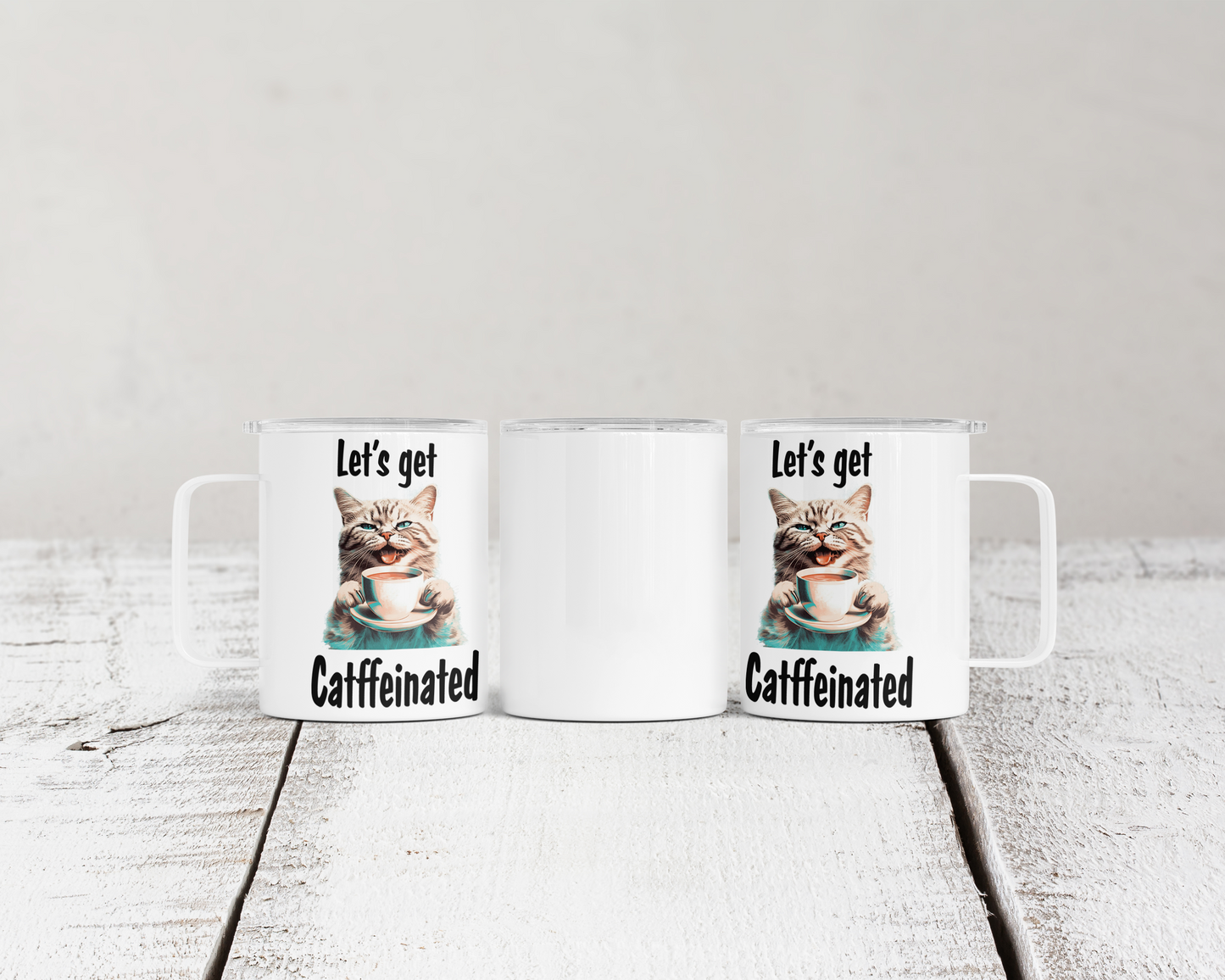 Funny Cat Coffee Mug, 12 oz Stainless Steel, 'Let's get Catffeinated' Design