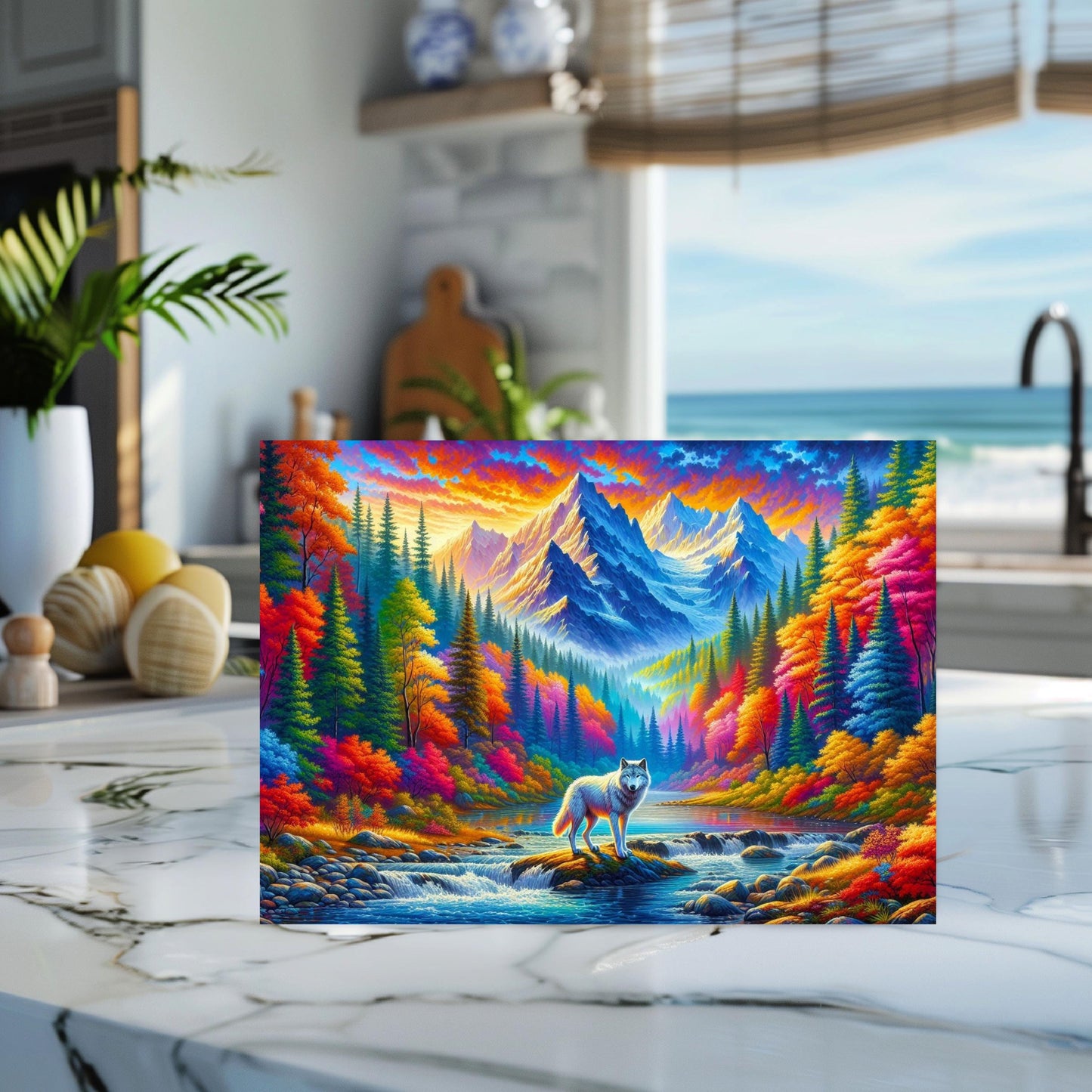 Vibrant Wolf Glass Cutting Board 11x15 Inch Fall Mountains Design - Unique Hostess Gift