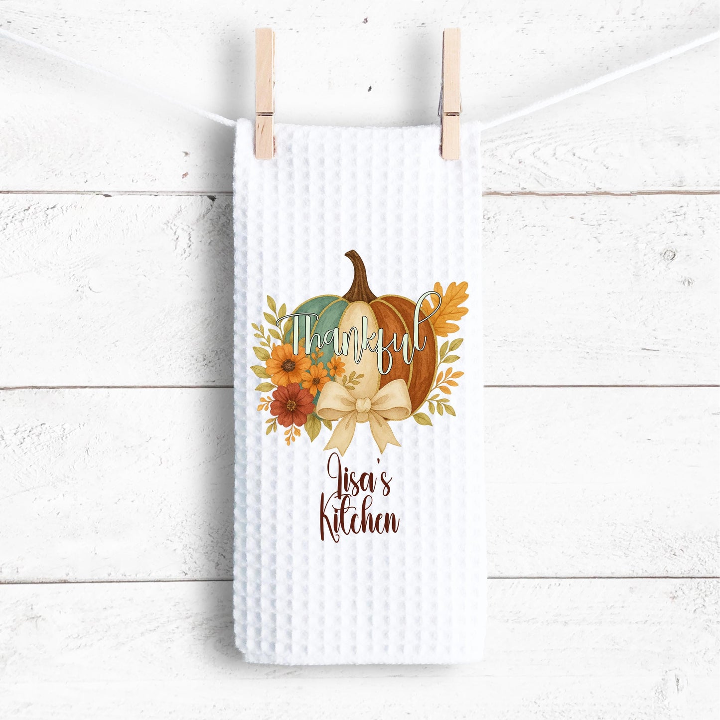 Floral Pumpkin Kitchen Towel with Waffle Weave Coquette Bow for Thanksgiving Decor