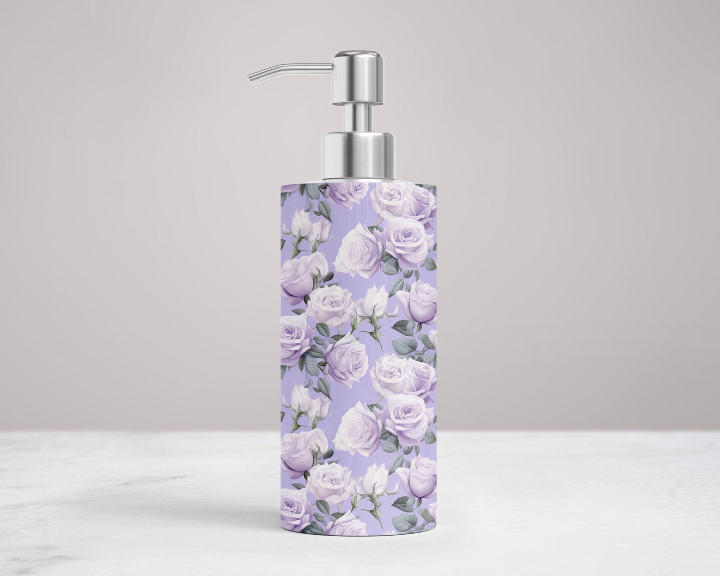 Stainless Steel Hand Soap or Lotion Pump Dispenser with Elegant Purple Roses - Unique Housewarming Gift for Her